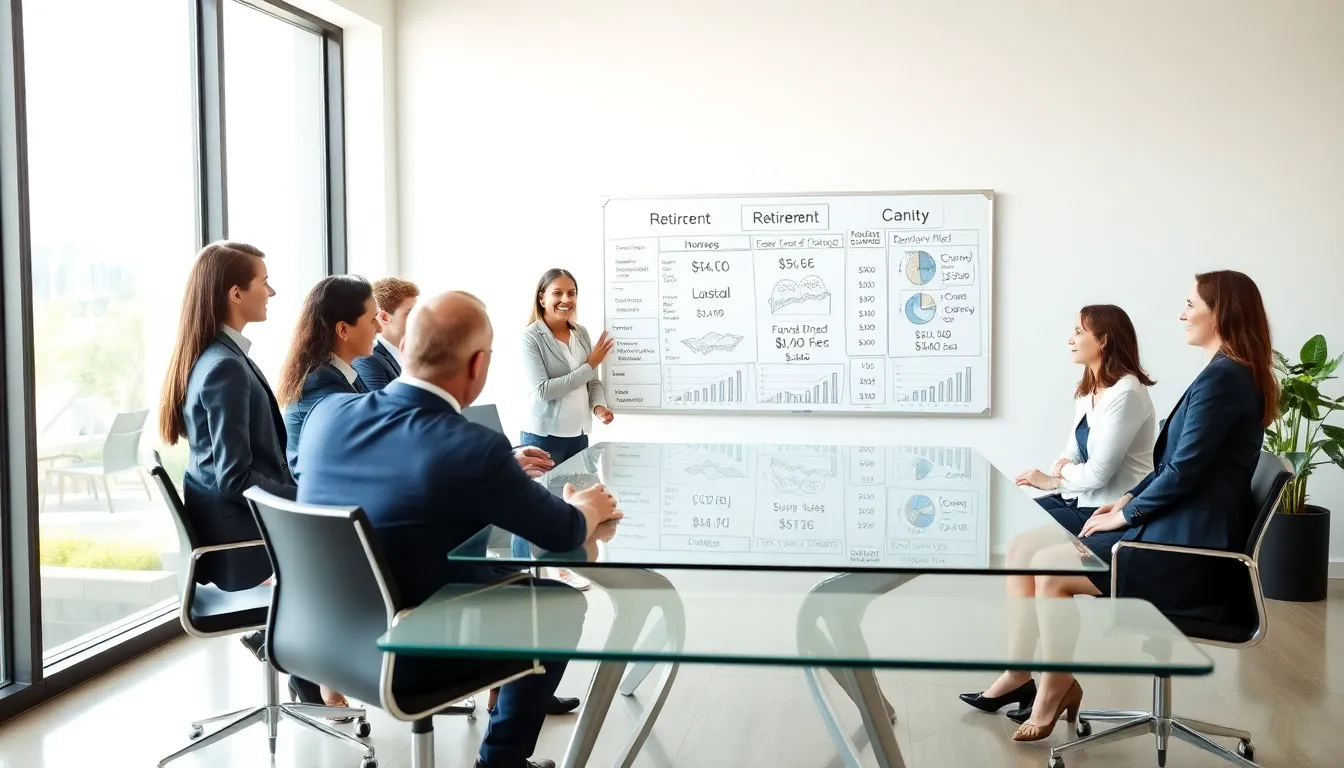 diverse team discussing retirement planning in a modern office.
