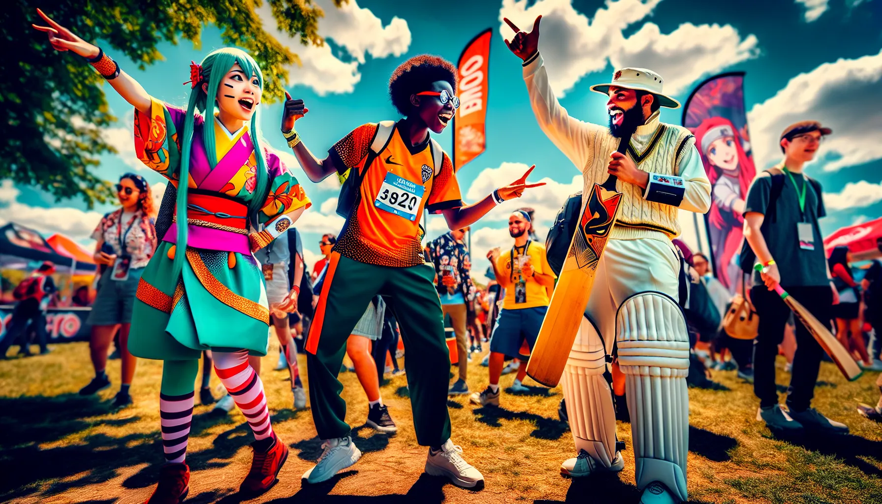 a diverse group at a cosplay event blending anime and cricket culture.