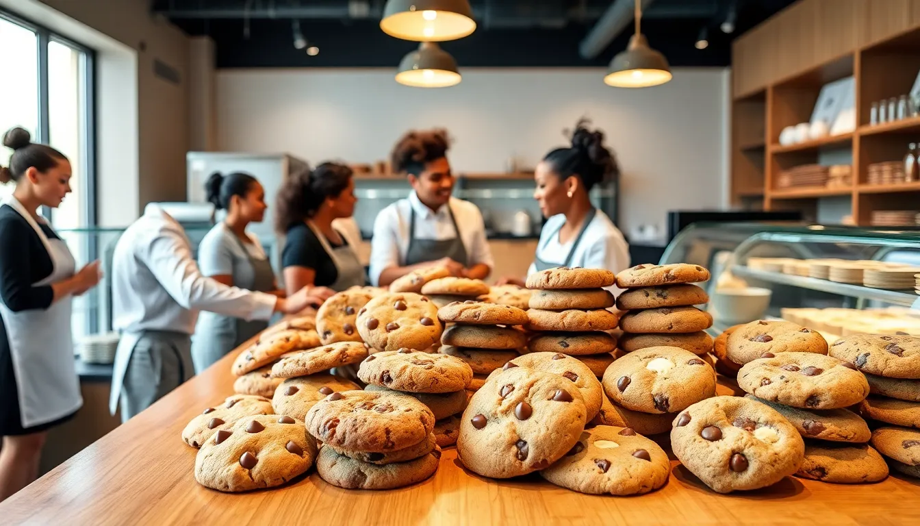 diverse staff serving cookies in a modern bakery.