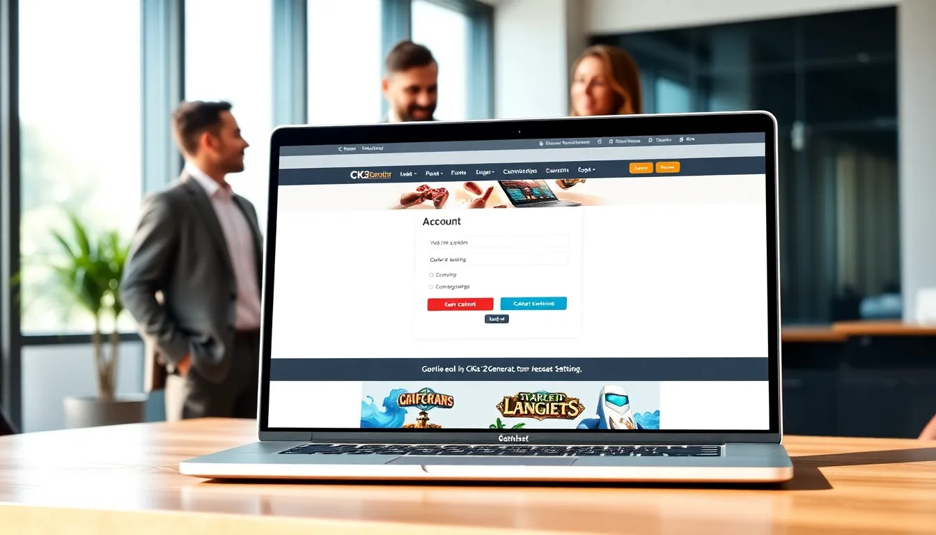 laptop displaying CK2Generator.com in a modern office setting.