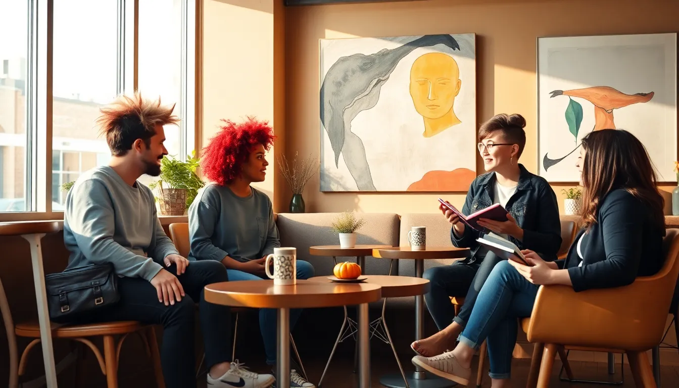 diverse individuals engaged in meaningful conversation about self-acceptance.