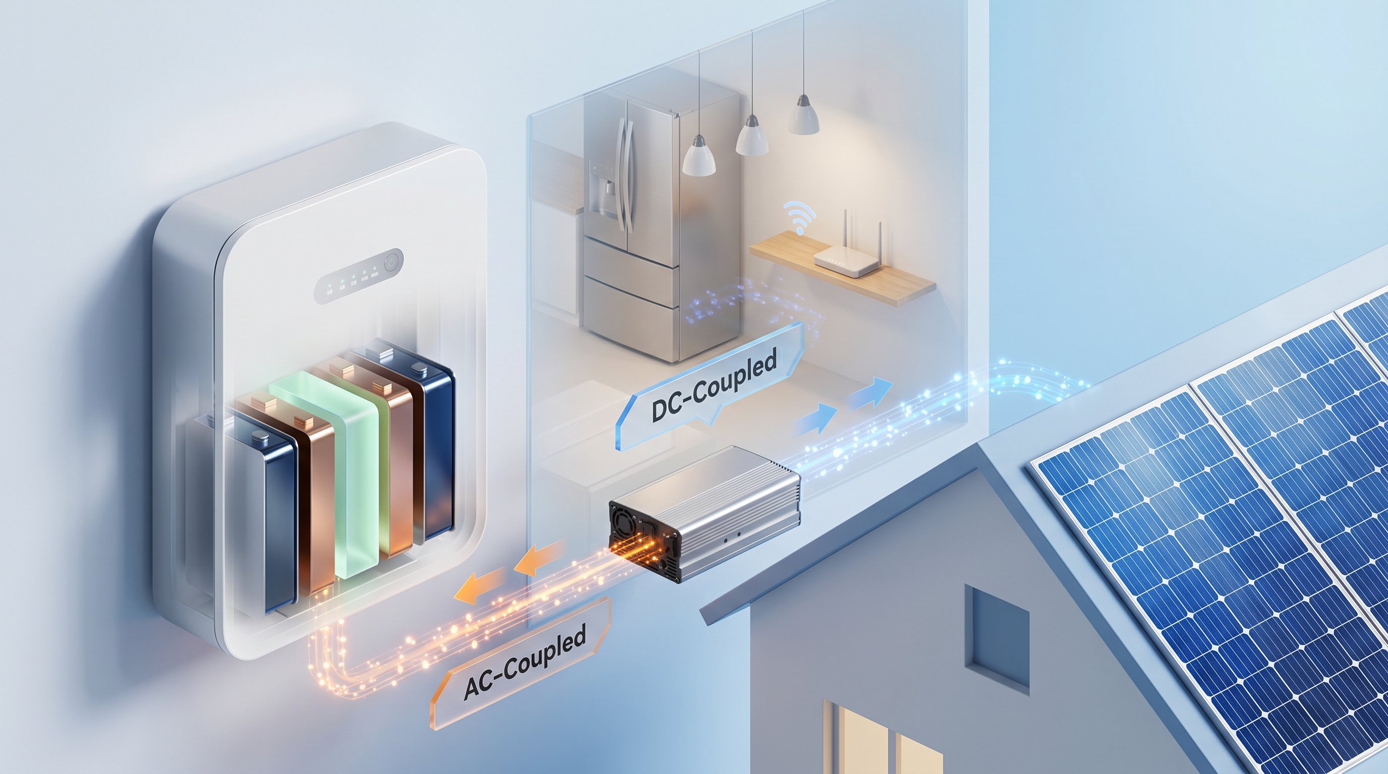 3D render of home solar battery system with solar panels and internal energy flow visualization.