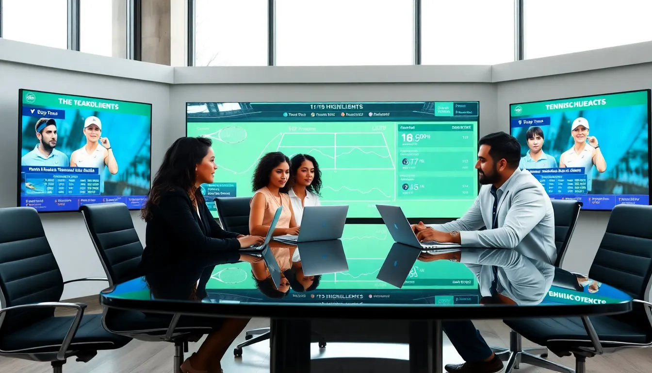 professionals discussing tennis trends in a modern newsroom.