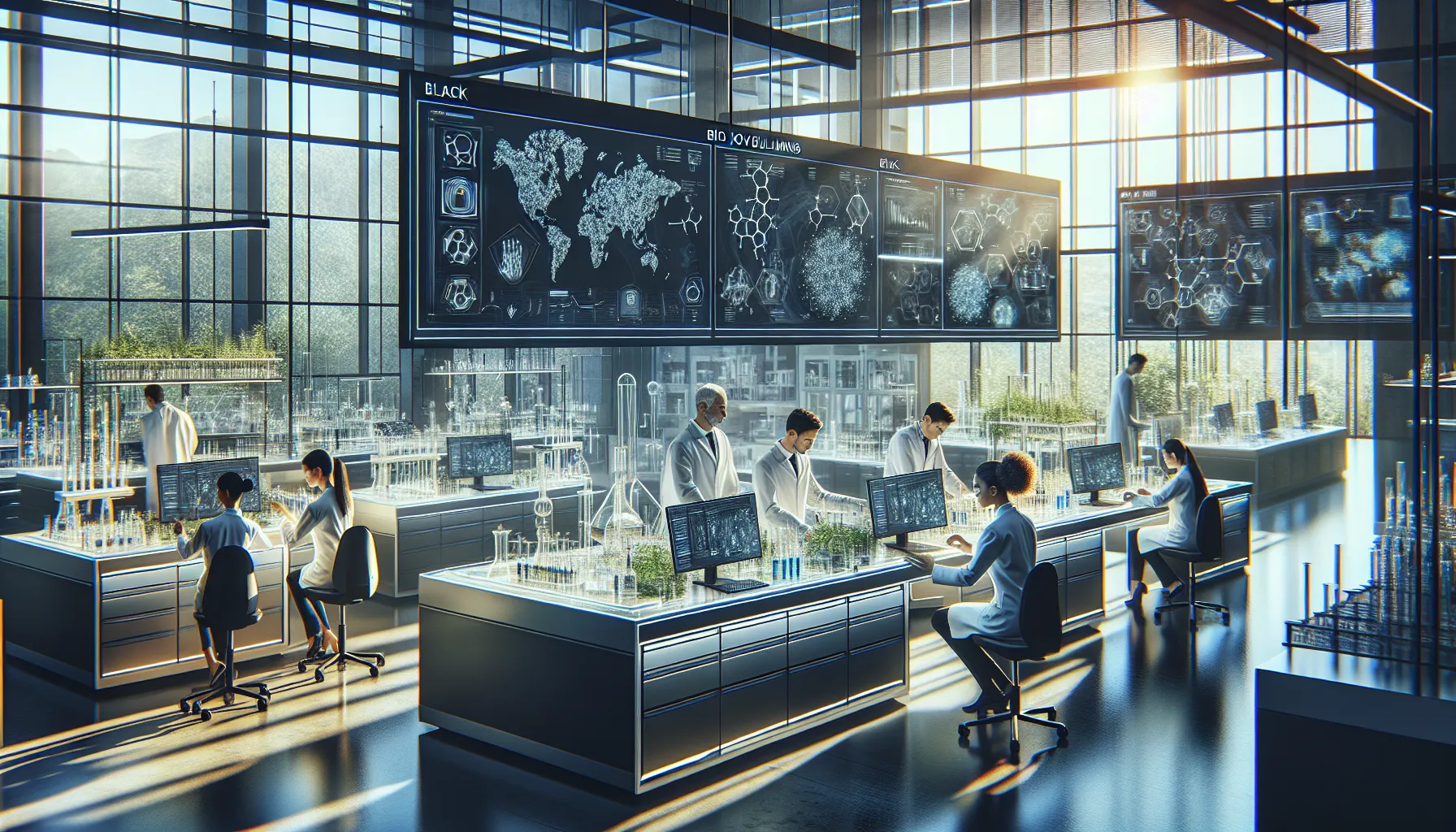 diverse scientists researching bio-based chemicals in a modern lab.