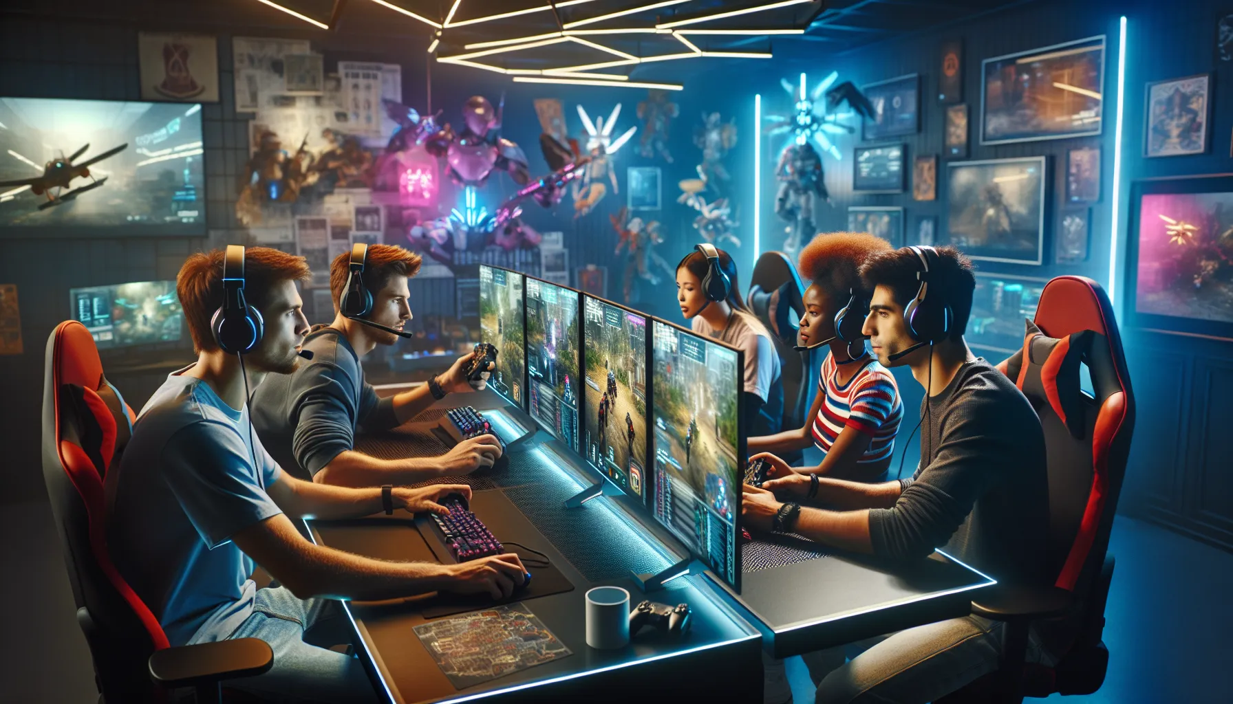 diverse group collaborating while playing Darkwarfall in a modern gaming room.
