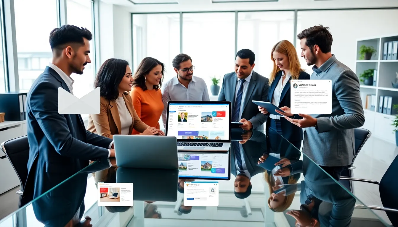 diverse real estate team discussing email communications in a modern office.