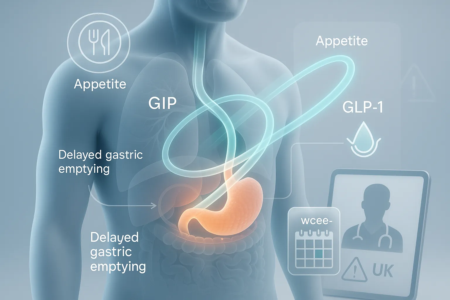 3D medical illustration of Mounjaro’s effects on appetite, digestion, and blood sugar.