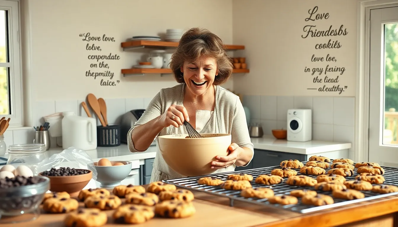 baker in a cozy kitchen making cookies with warm lighting.
