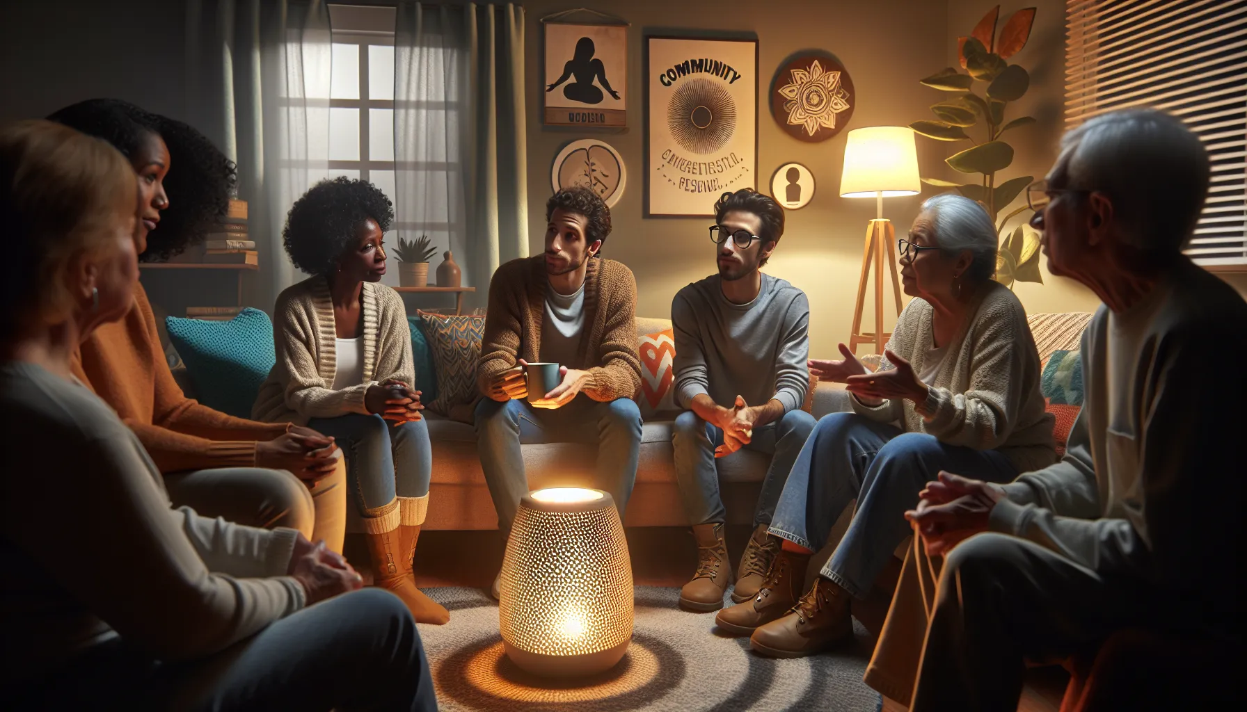 a supportive group meeting in a cozy living room.