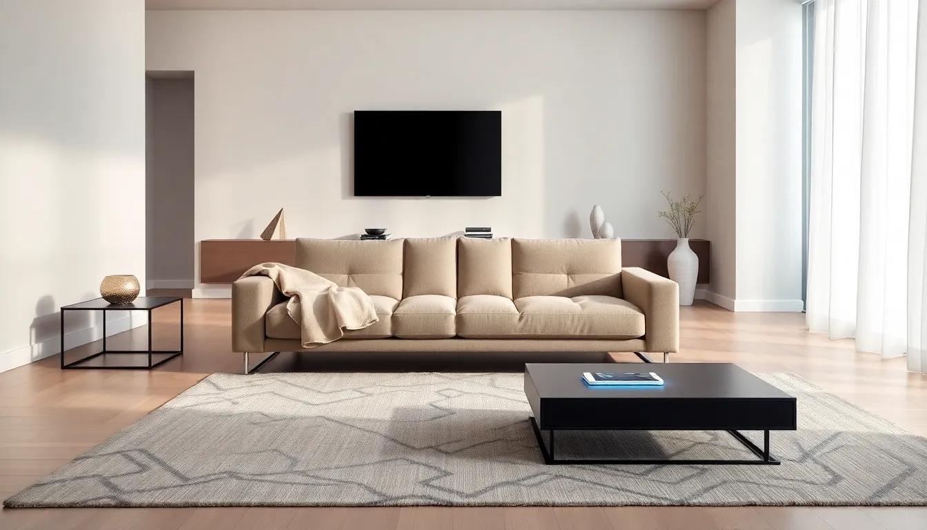 modern living room with high-tech furniture featuring a charging coffee table and adjustable sofa.