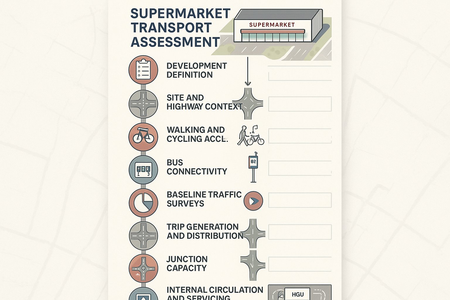 Infographic of supermarket transport assessment steps, access, traffic, parking, and mitigation.