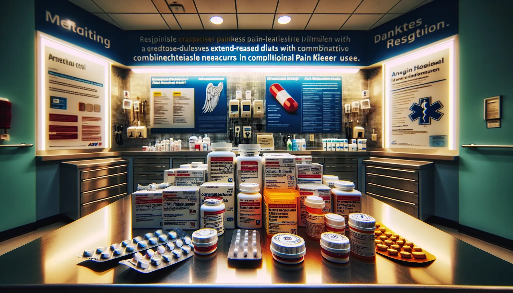 Orderly medical counter displaying pain medication packages of oxycodone and hydrocodone.