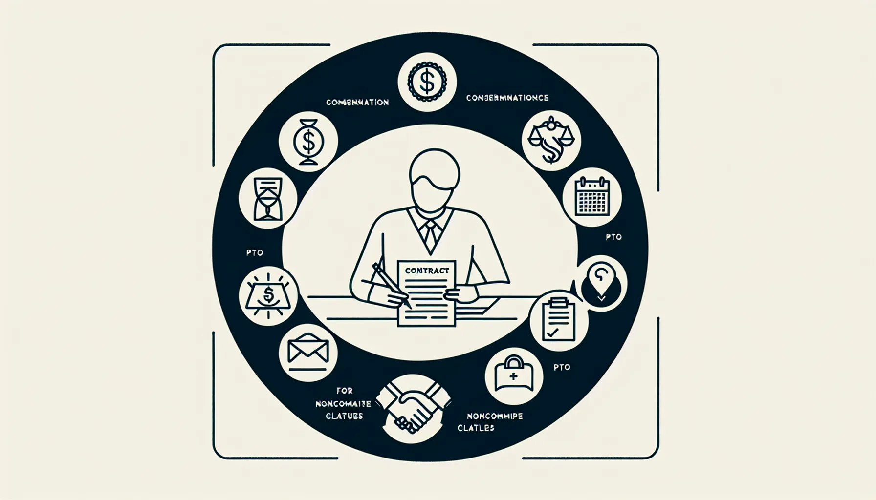 Dentist at desk reviewing a contract with icons for key dental contract terms.