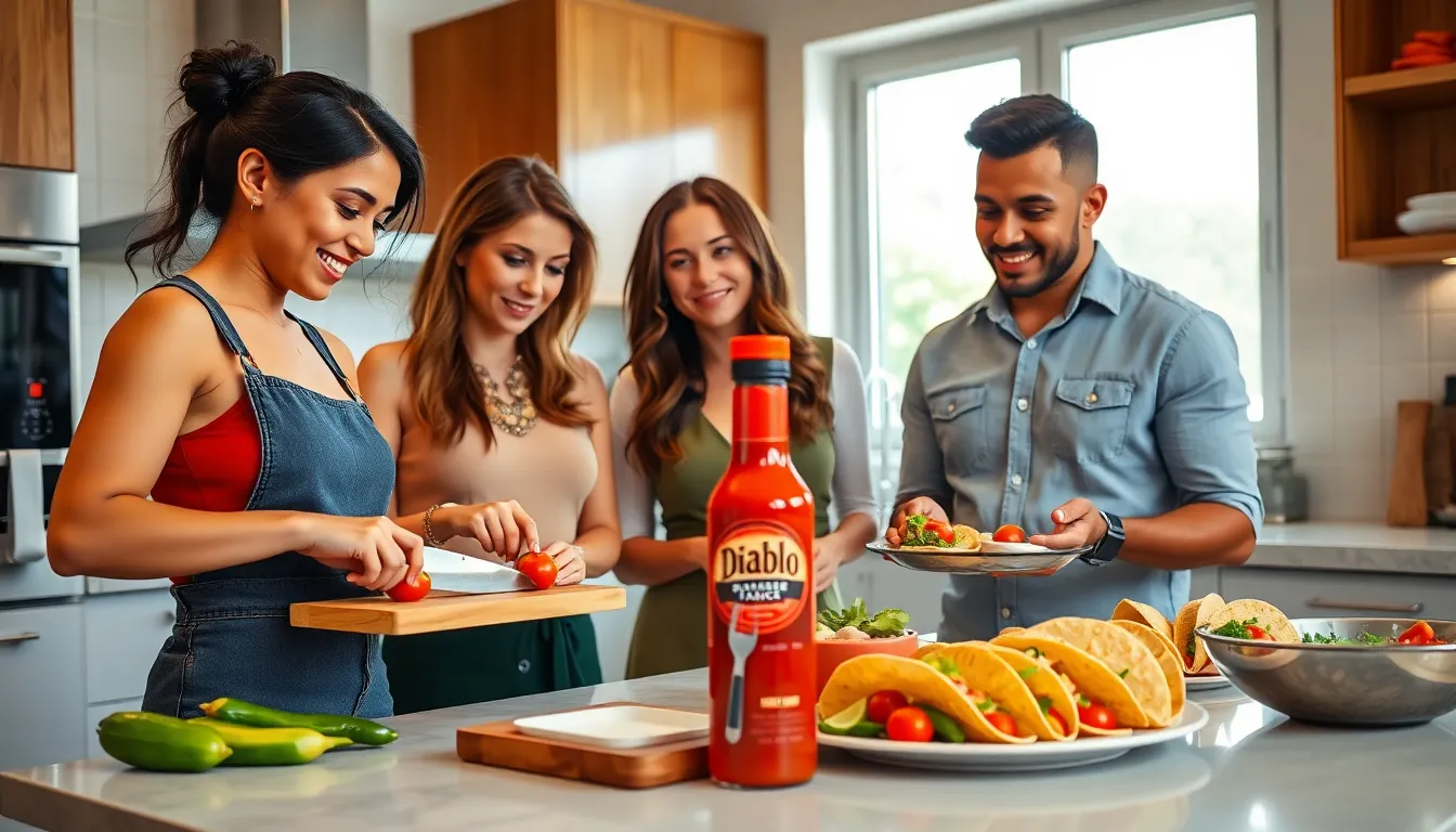 professionals cooking with Diablo Sauce in a modern kitchen.