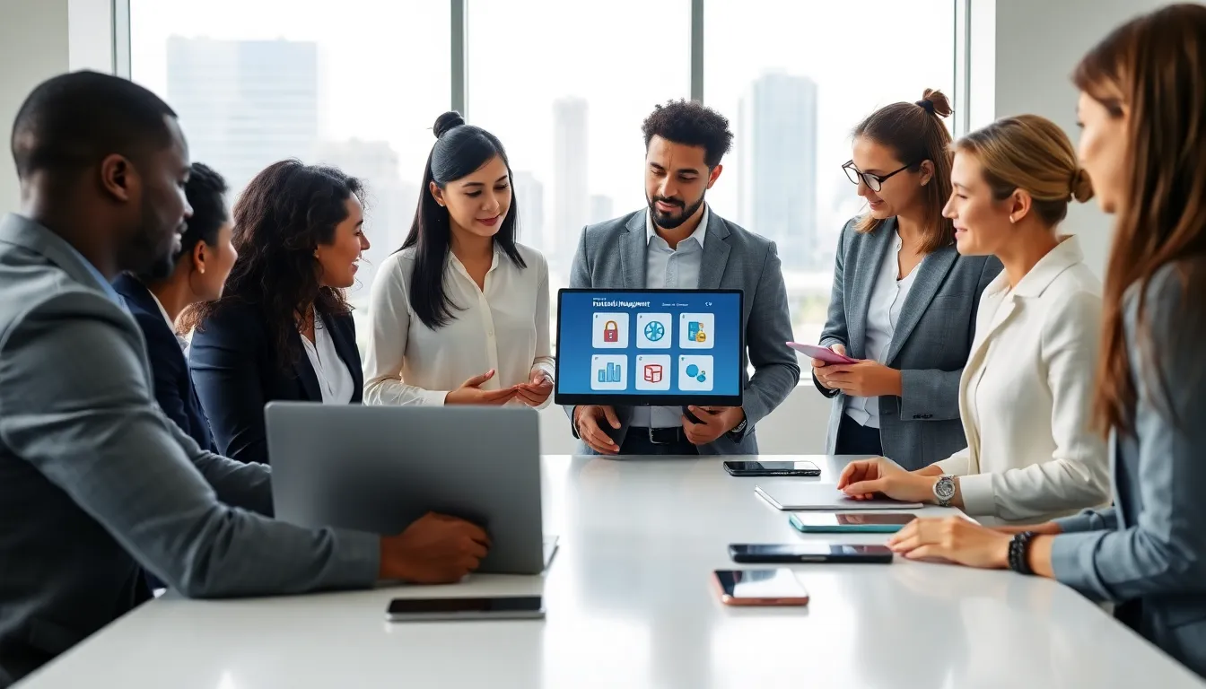 professionals collaborating on digital brand management tools in a modern office.