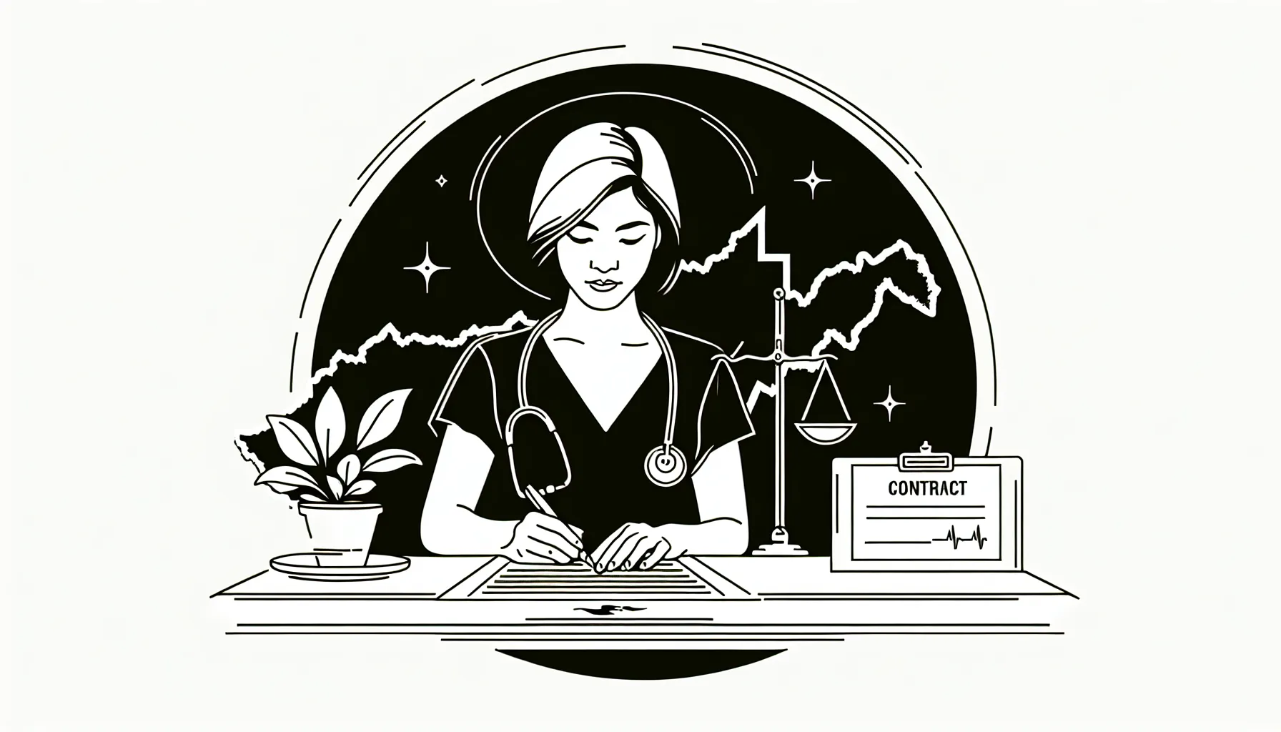Veterinarian reviewing a contract with West Virginia outline and justice scales of West Virginia Veterinary Contract Review.