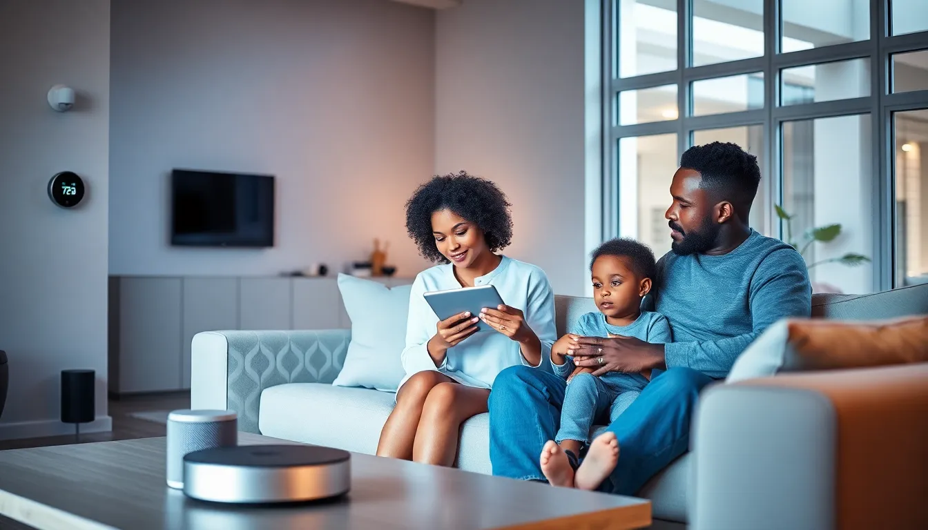 family interacting with smart devices in a modern living room.
