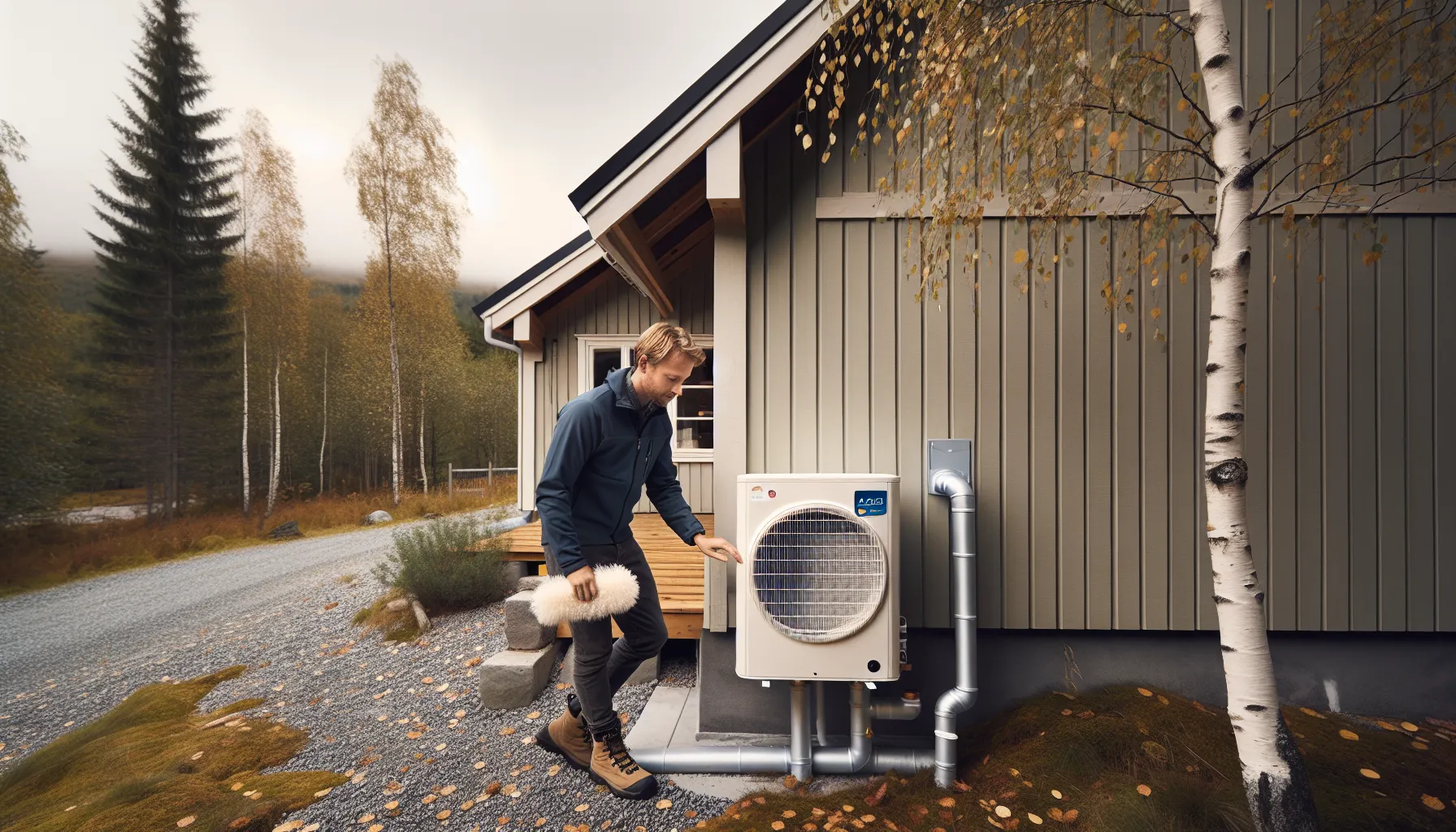 Norwegian homeowner inspecting and gently cleaning an outdoor heat pump unit in autumn.