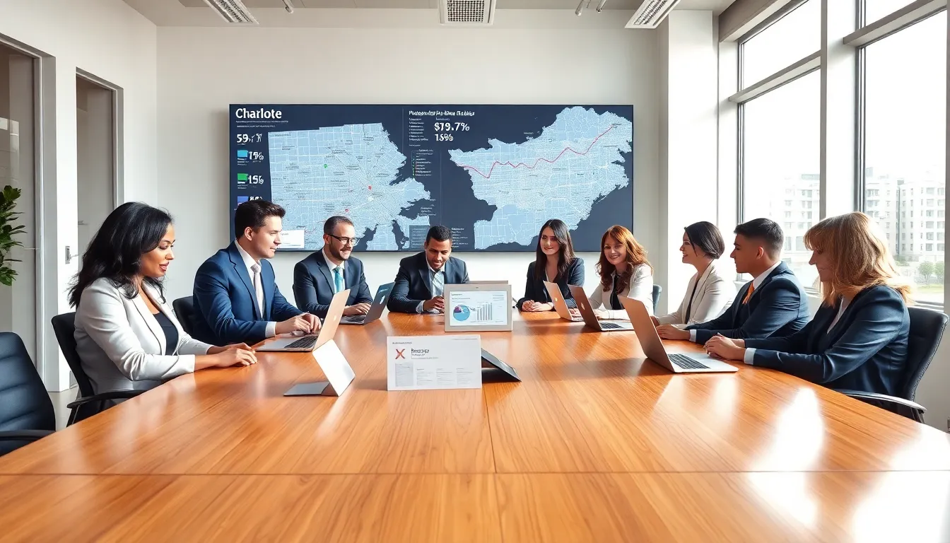 real estate agents discussing market trends in a modern office.