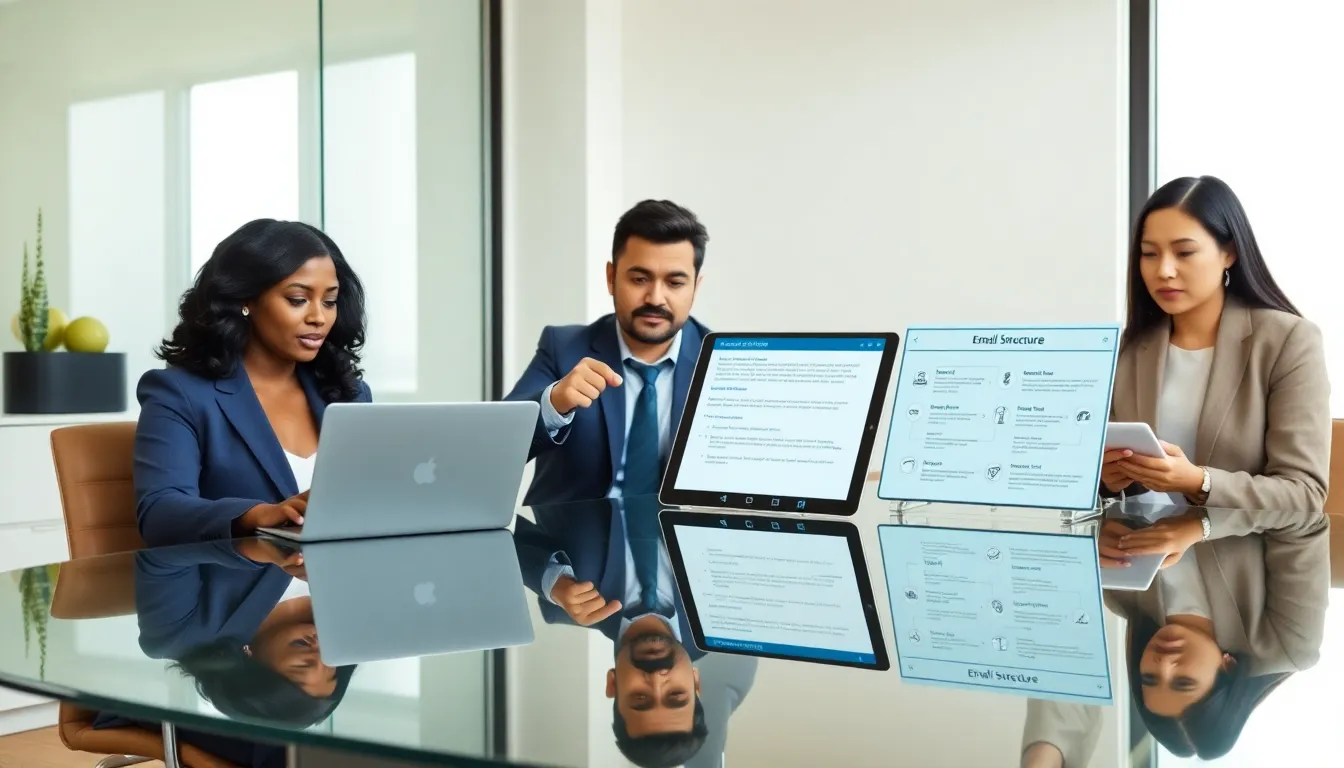 professionals discussing effective email communication in a modern office.