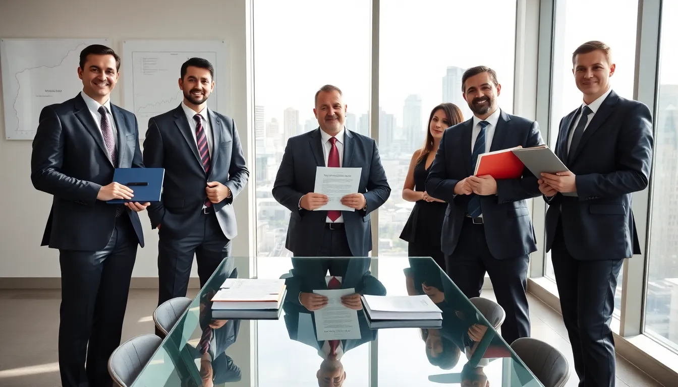 Five corporate lawyers in a modern Brisbane office with city views.