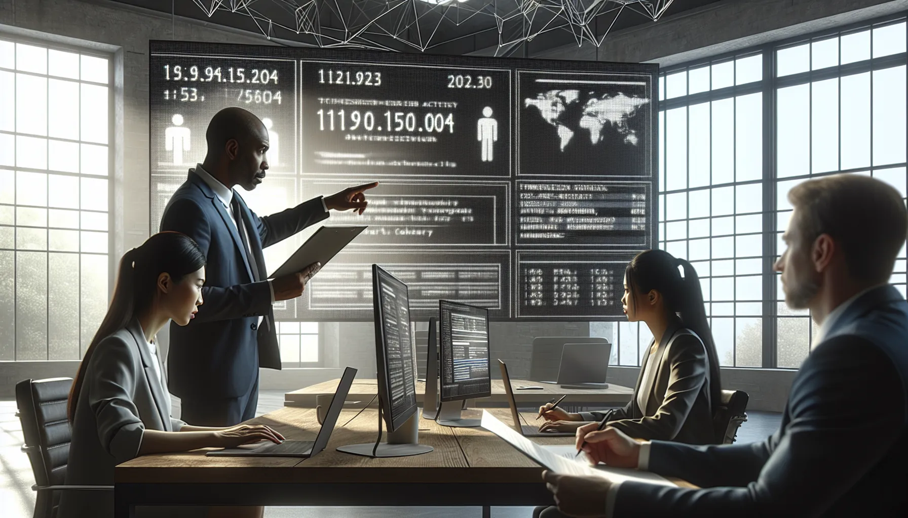 cybersecurity team analyzing IP address risks in a modern office.