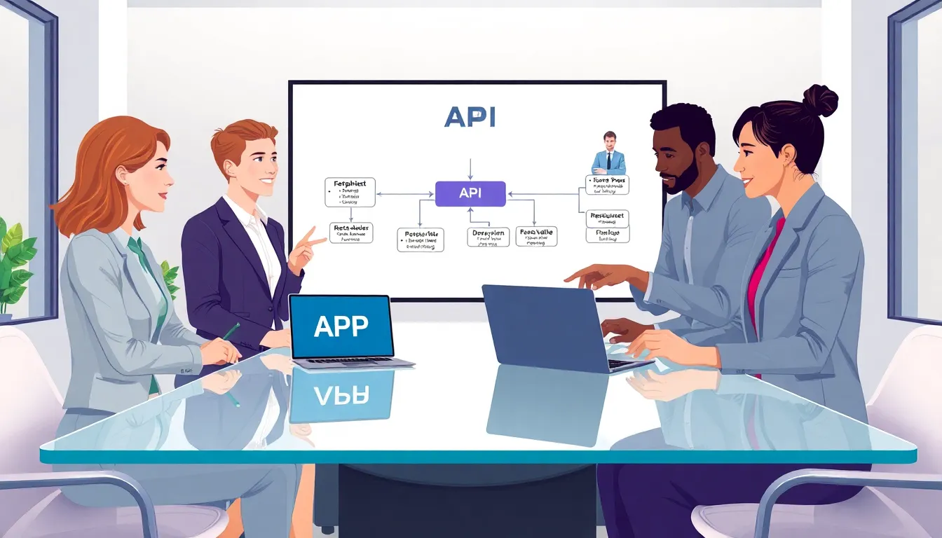 diverse professionals discussing API integration in a modern office.