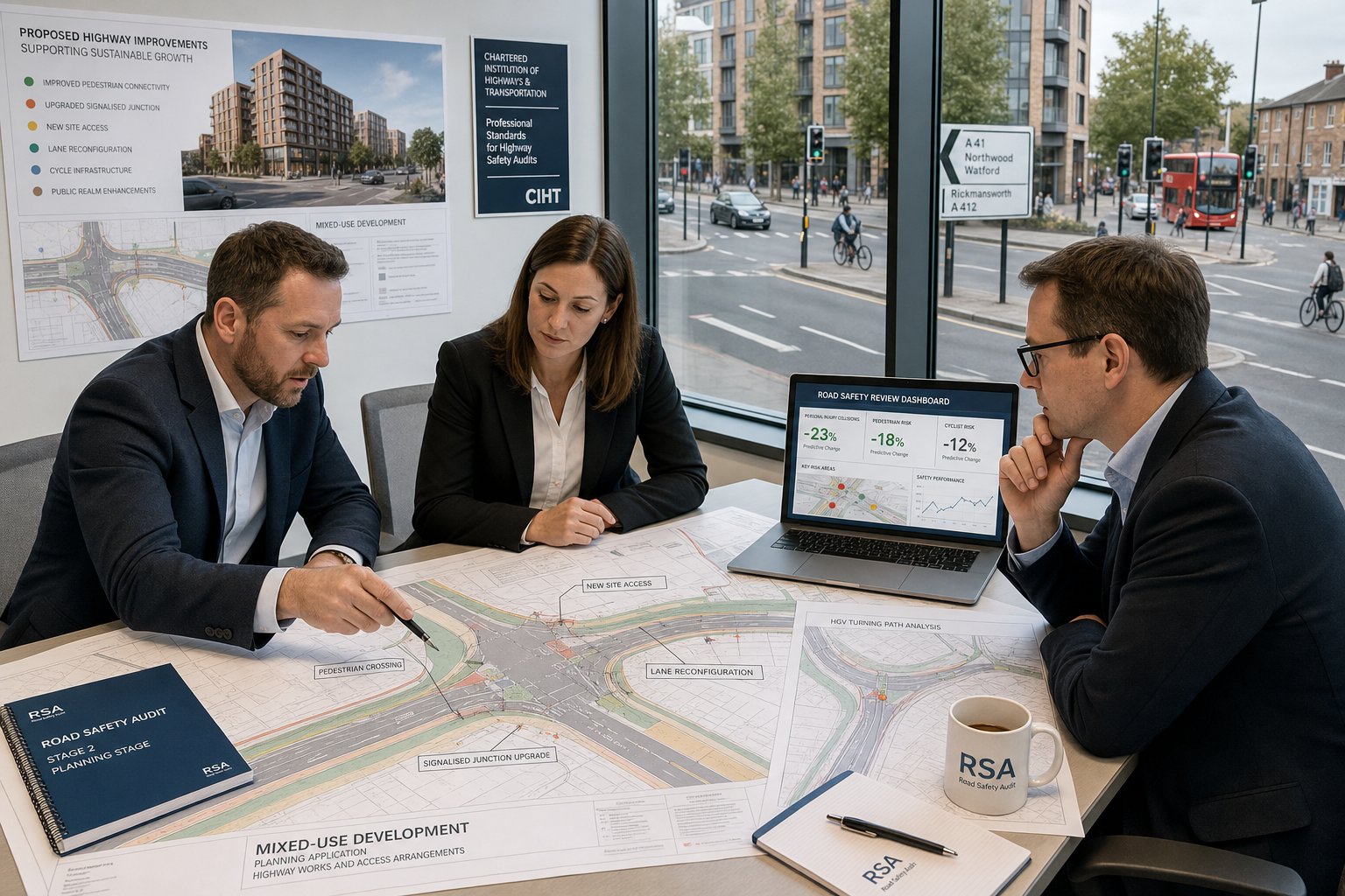 Road safety consultants reviewing UK highway planning and junction access plans.