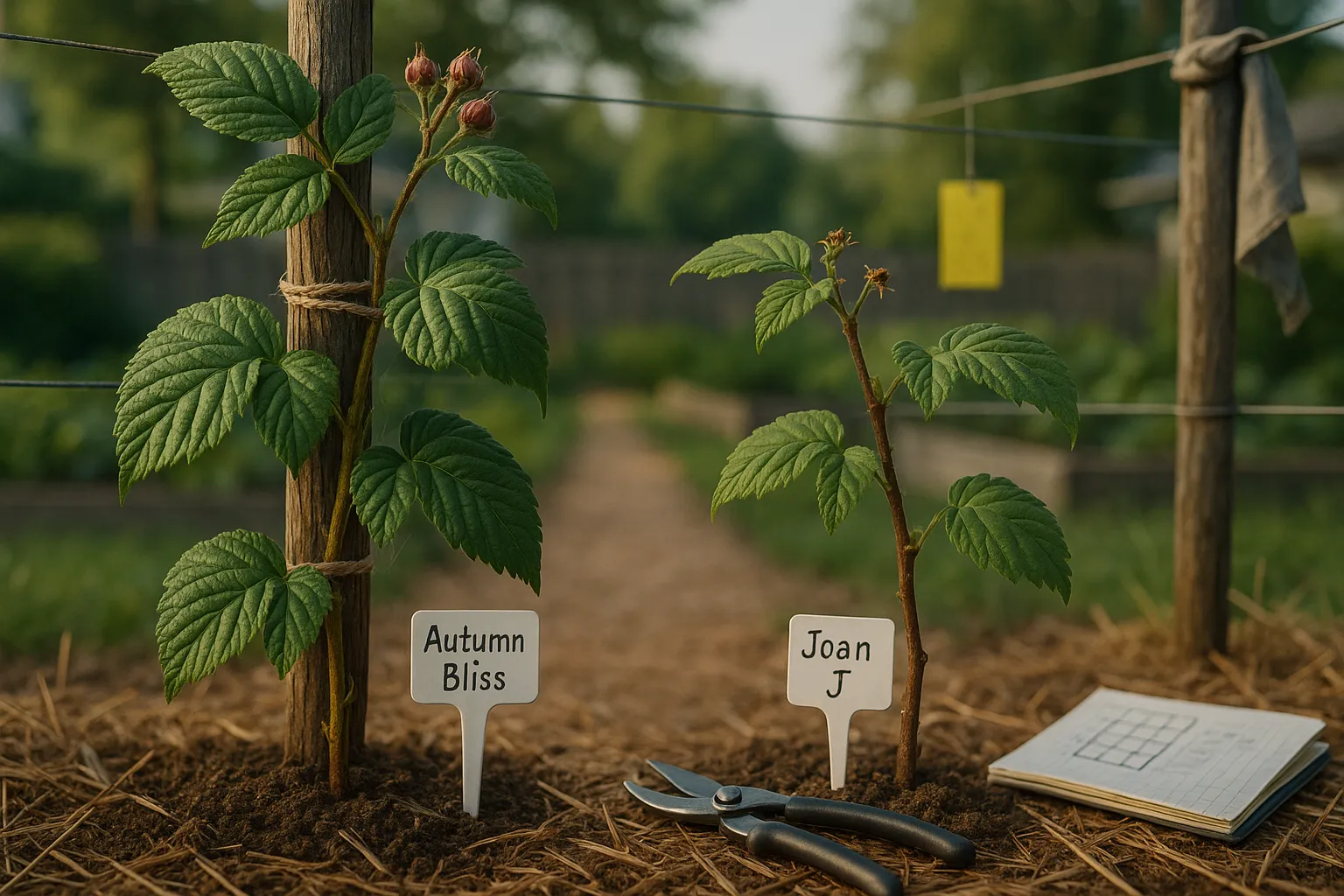 Two raspberry canes labeled Autumn Bliss and Joan J in a mulched garden row.