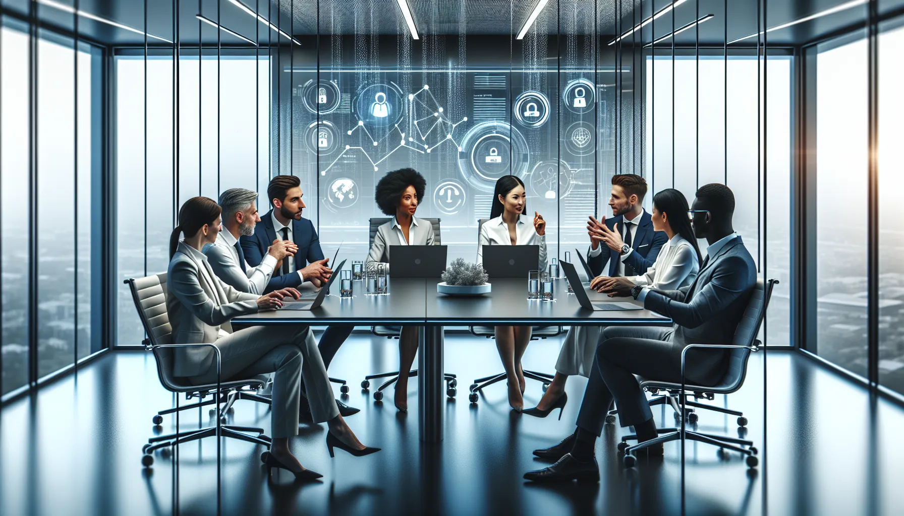 diverse professionals discussing data privacy in a modern office.