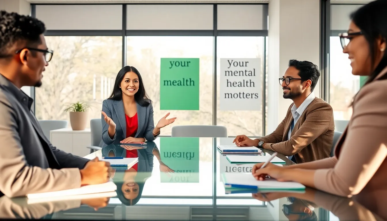 diverse professionals discussing mental health in a modern office.