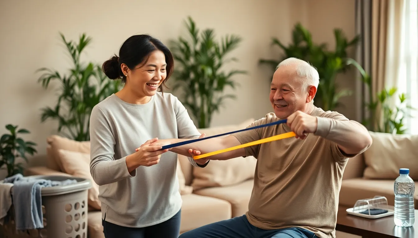 physical therapist working with an elderly patient in a cozy home setting.