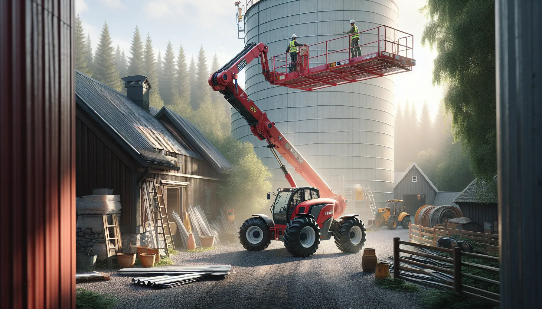 De beste løsningene for å bruke lifter i skog- og landbruksarbeid 3 Various lifts working on a norwegian farm and forest edge in daylight.