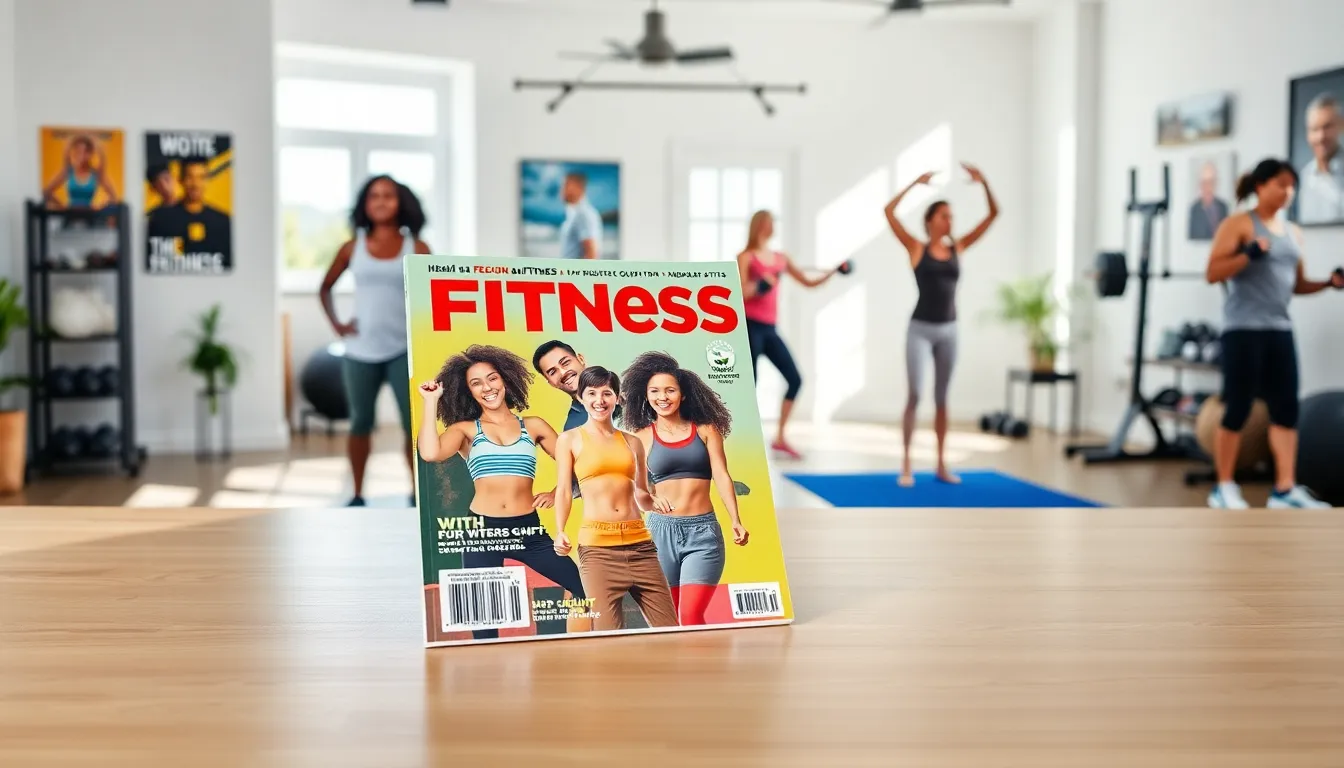 a vibrant health and fitness magazine on a wooden table in a modern gym.