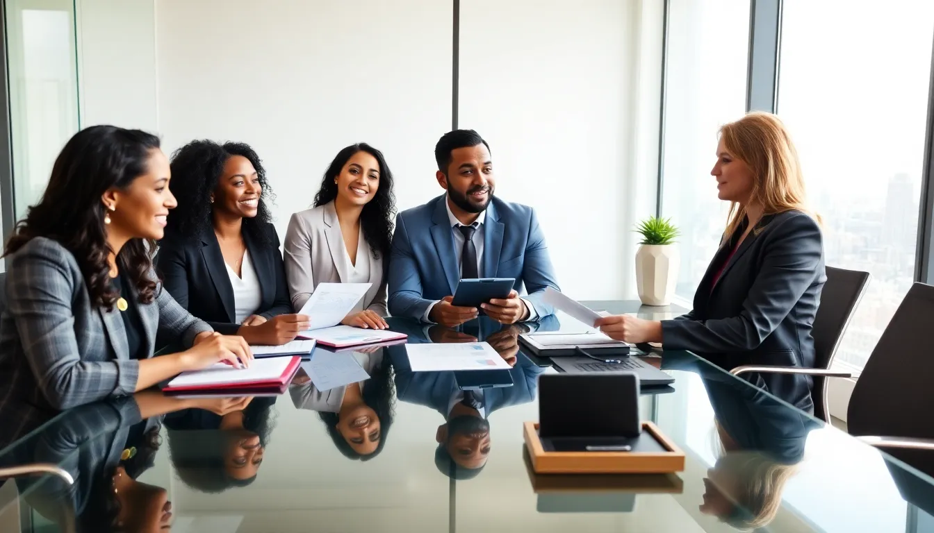diverse group discussing financial strategies in a modern office.