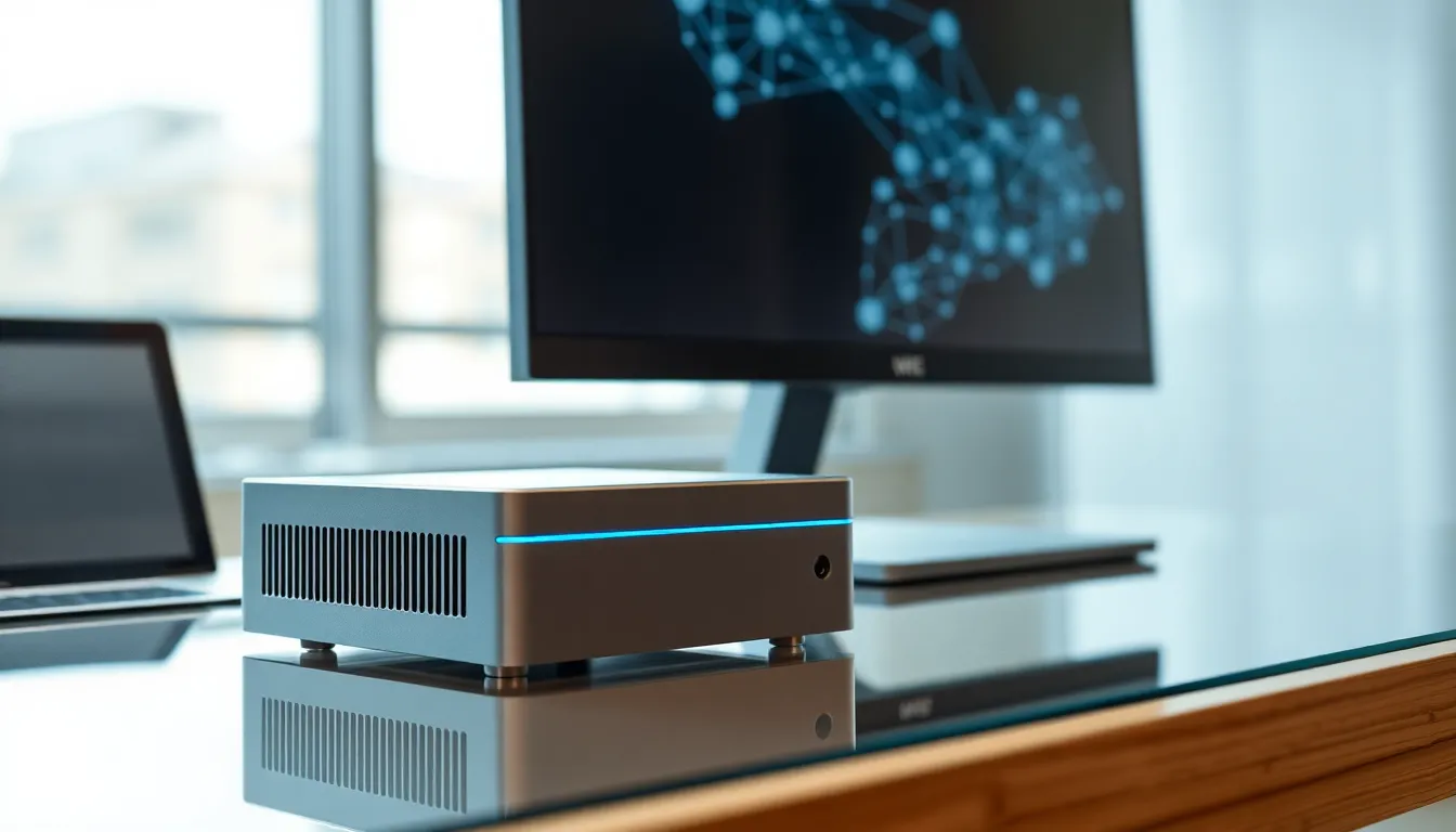compact mini AI computer on a modern office desk