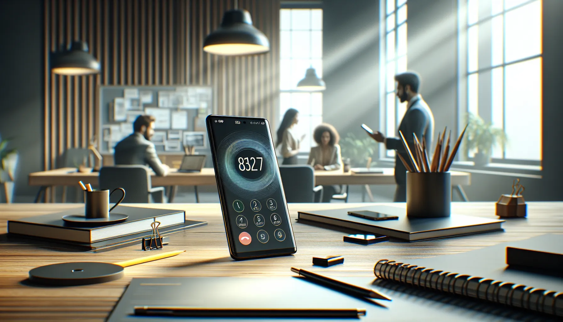 Modern workspace showcasing a smartphone and diverse professionals engaged in discussion.