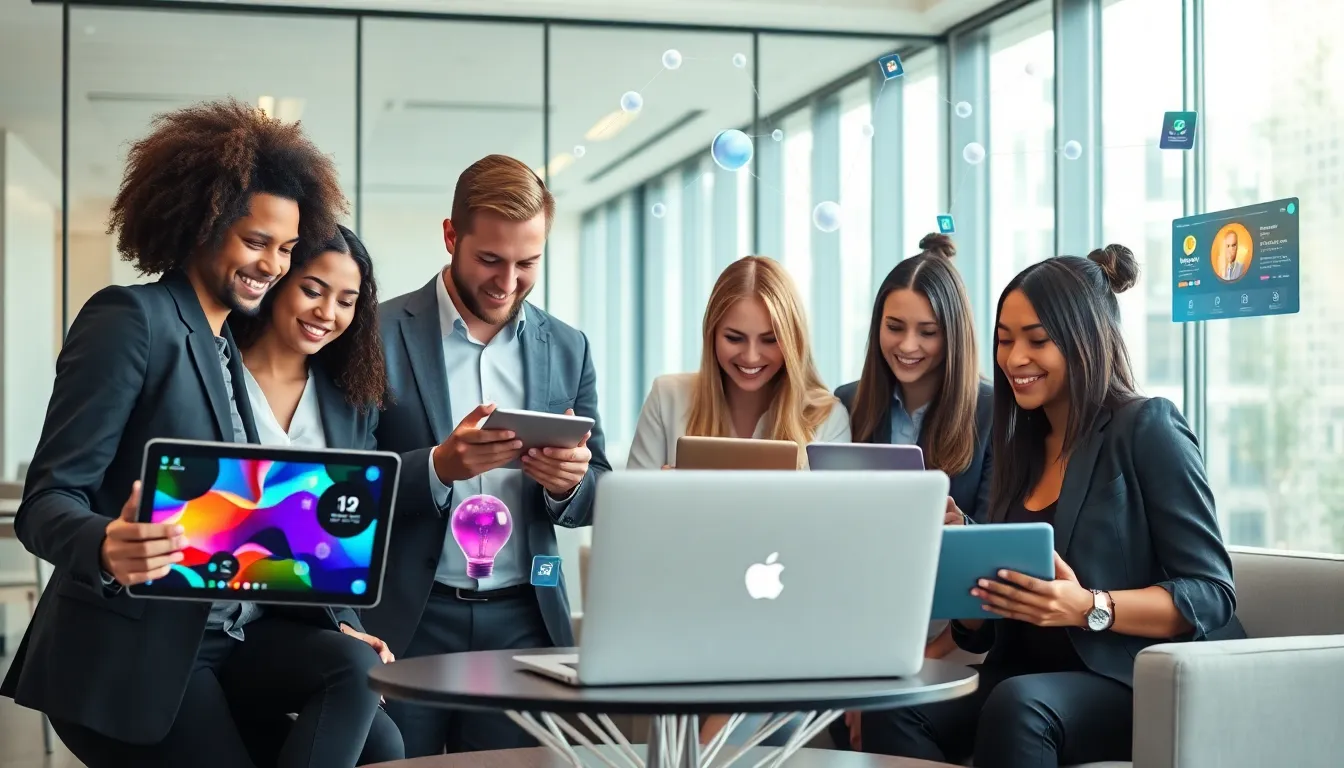 diverse professionals collaborating in a modern digital workspace.