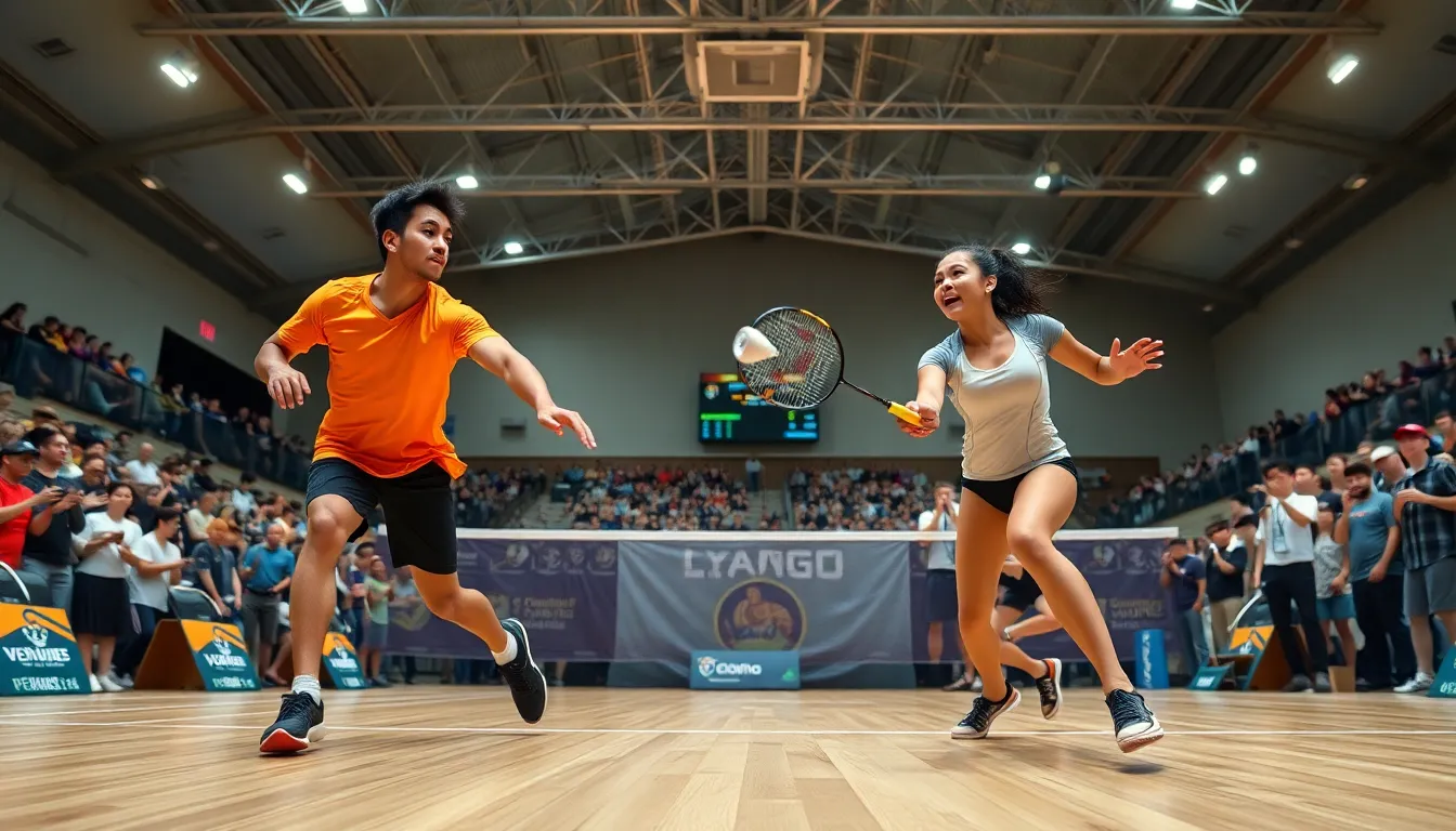 intense badminton match with diverse athletes and cheering crowd.