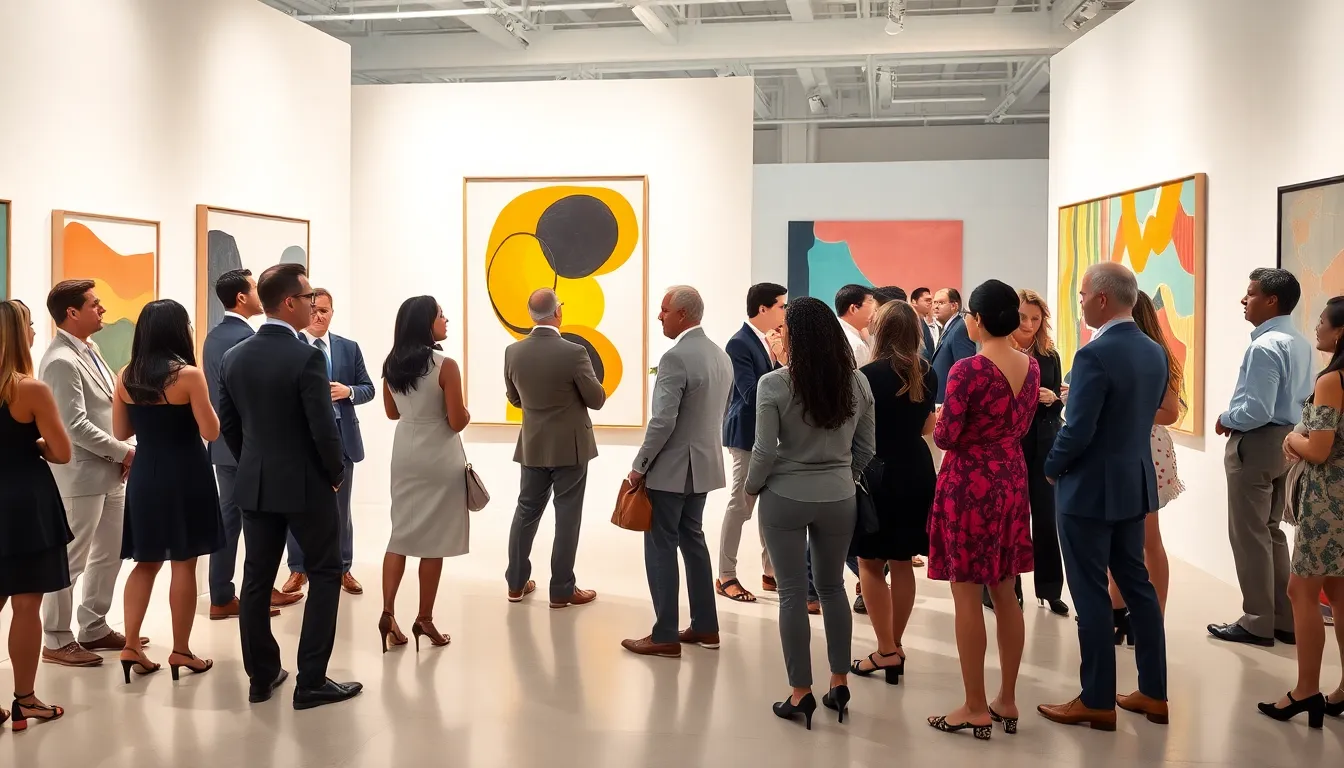 diverse art collectors engaging at Art Basel in Miami Beach.