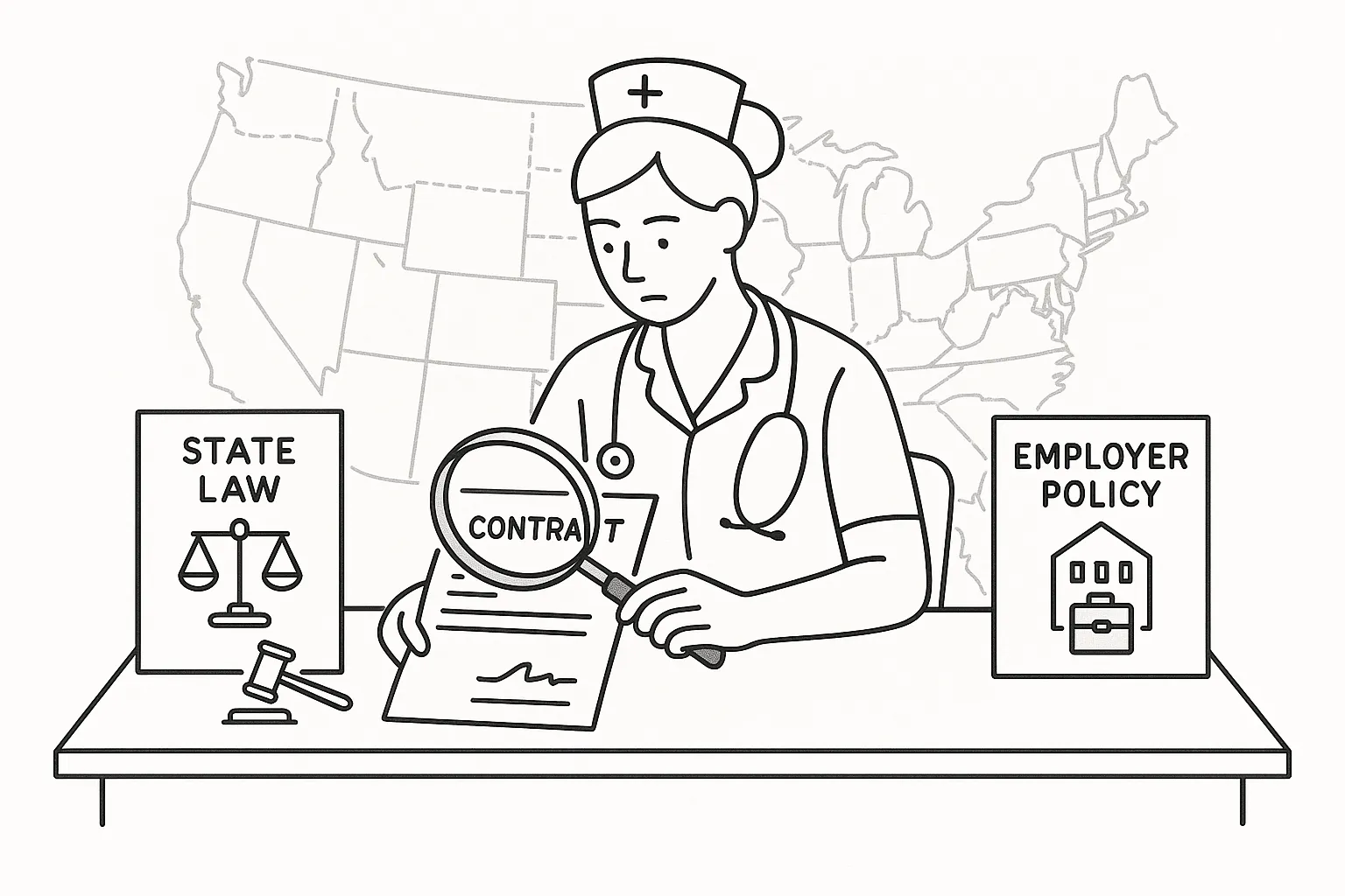 Nurse practitioner examining a contract with a magnifying glass and justice scales.