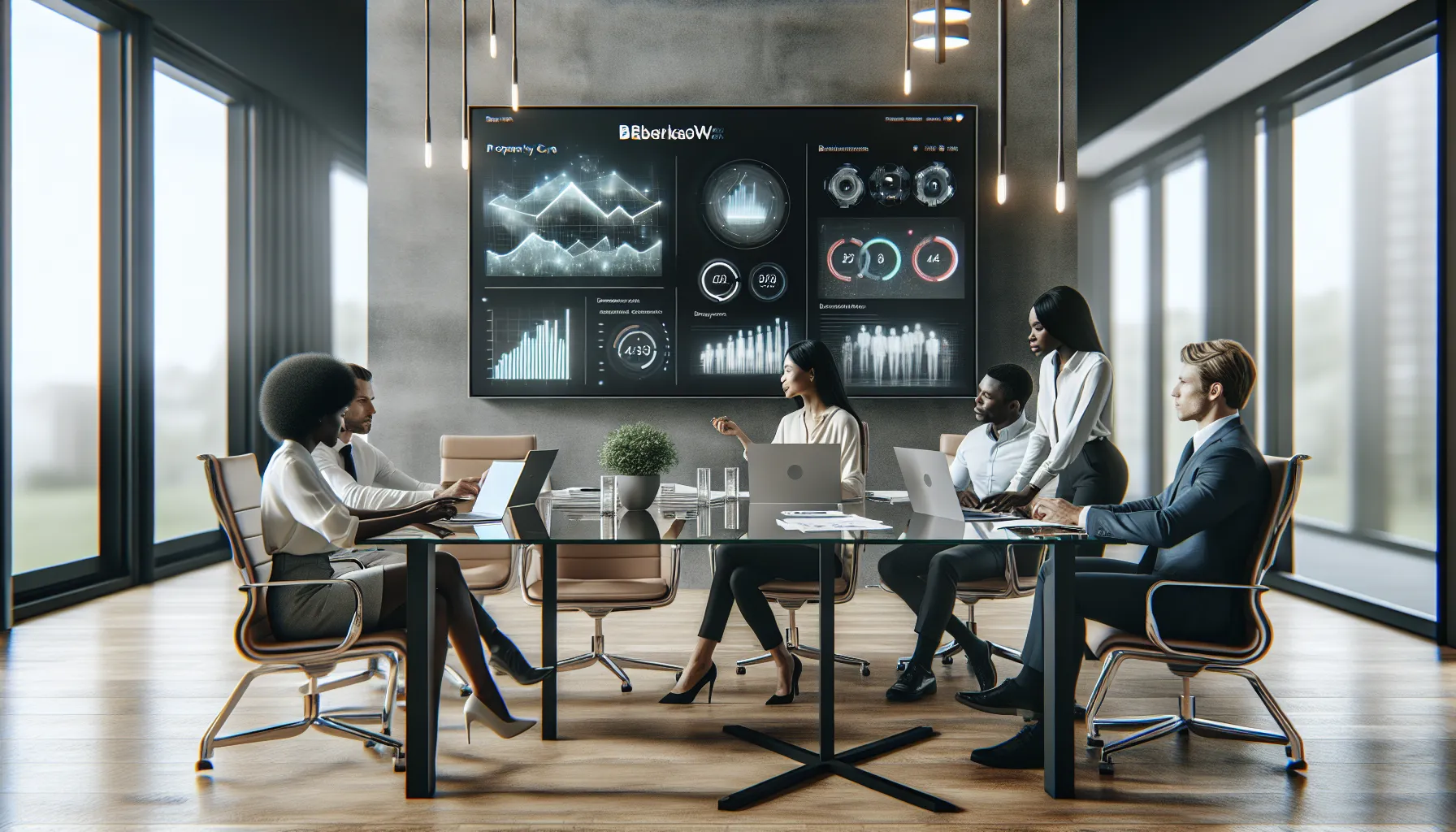 diverse team discussing property management with digital tools in a modern office.