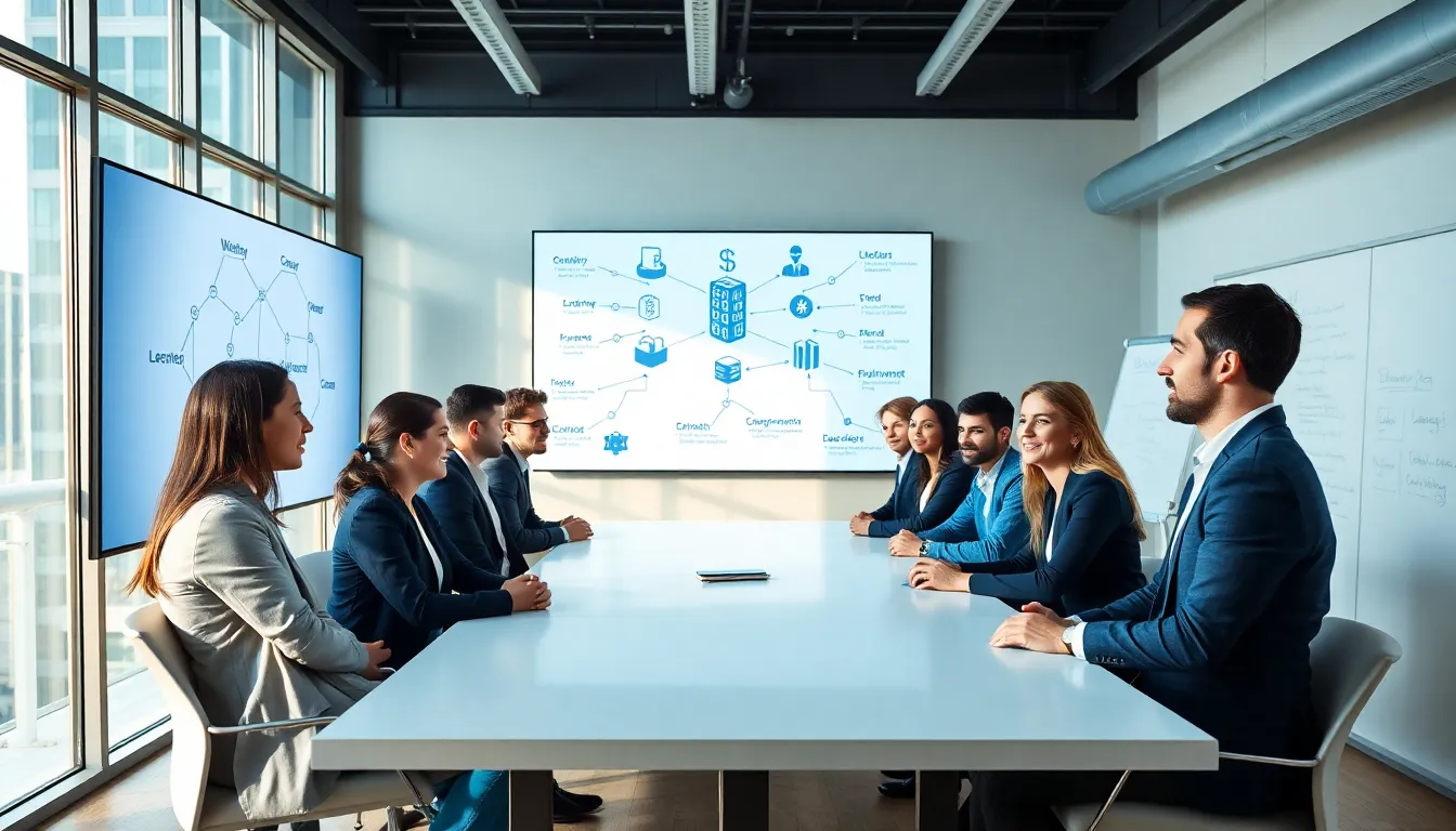 professionals discussing blockchain technology in a modern workspace.