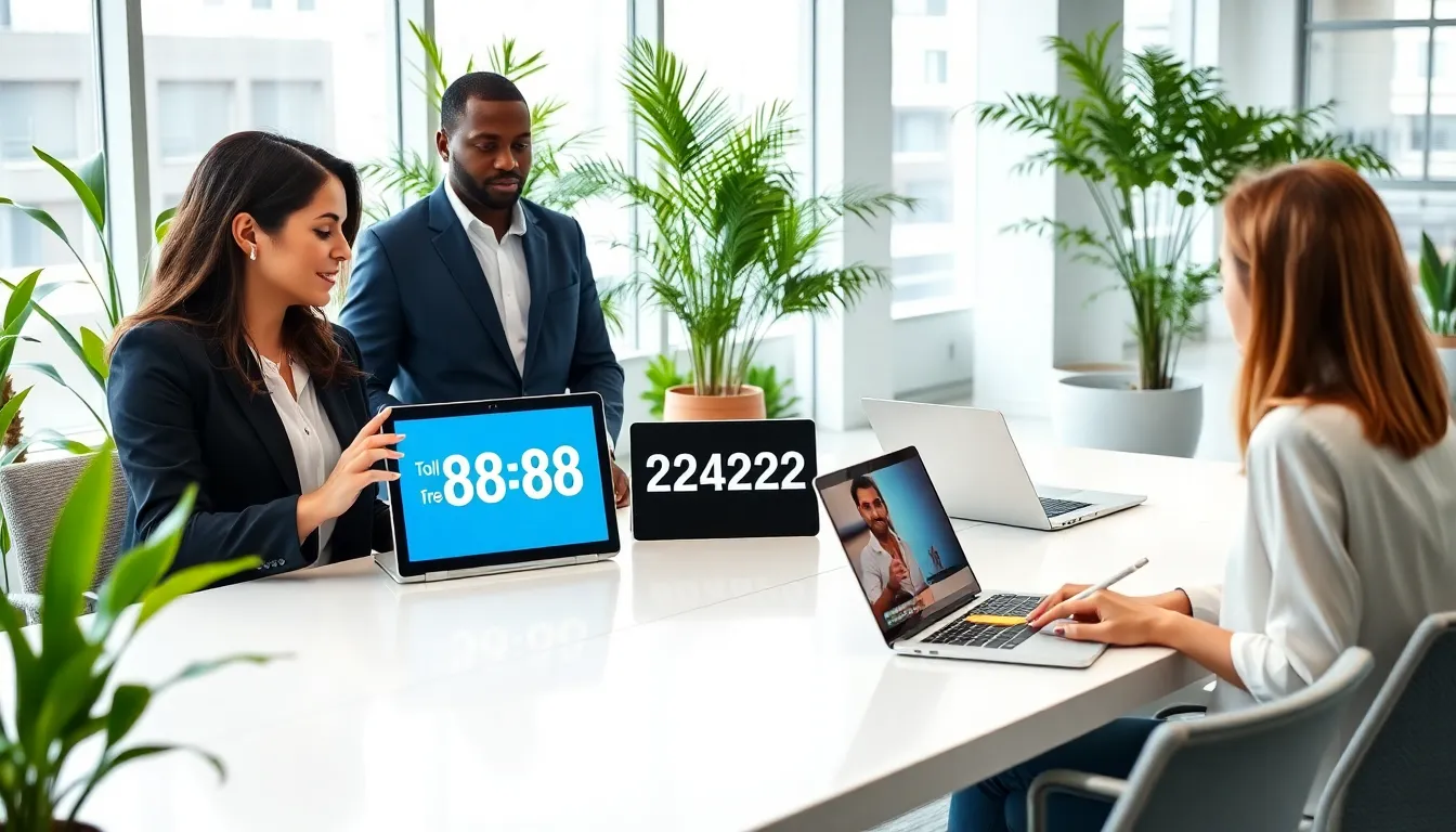 diverse professionals discussing a toll-free number in a modern office.