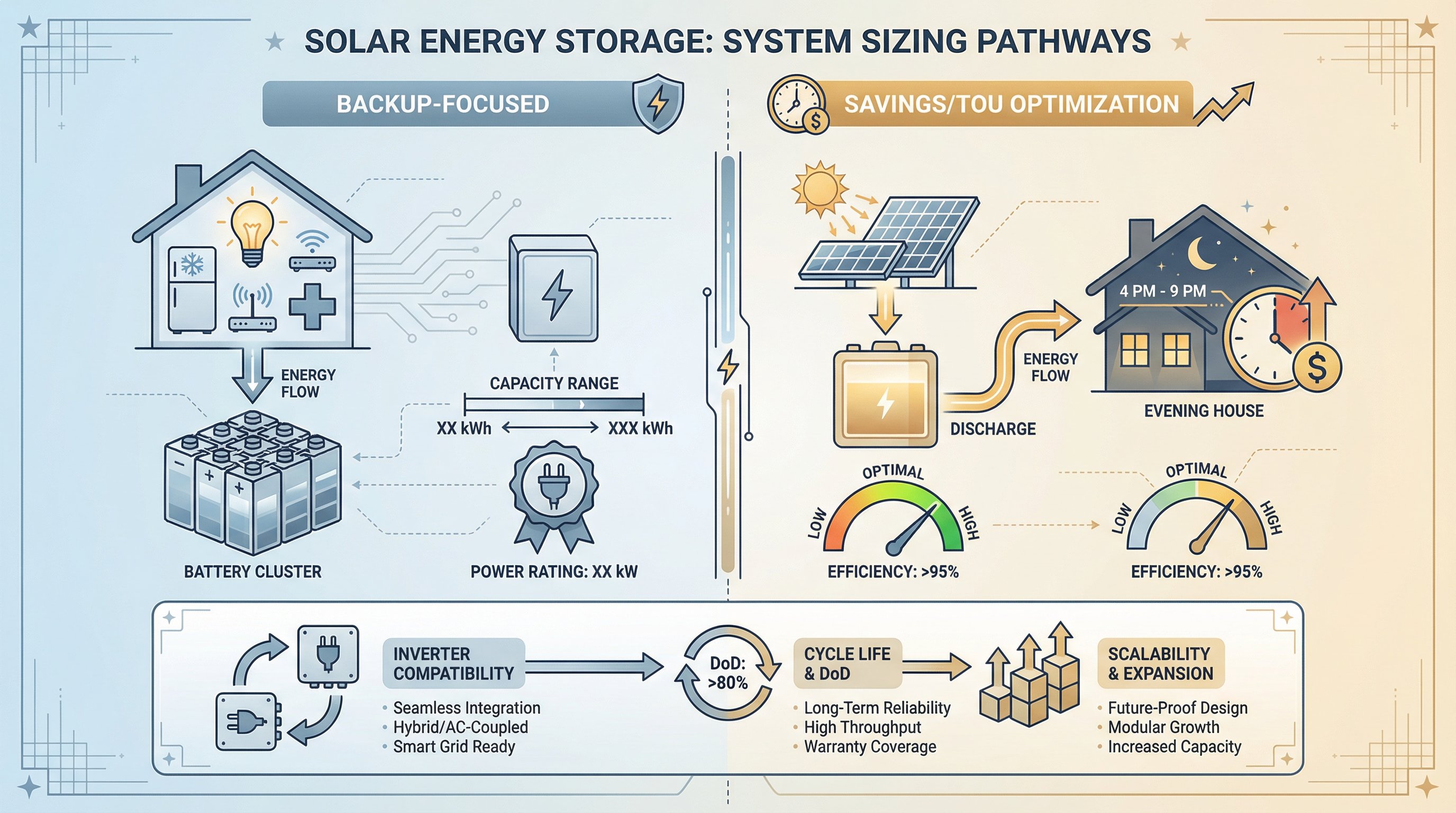 Two-column infographic comparing backup-focused and savings-optimized solar battery sizing strategies.