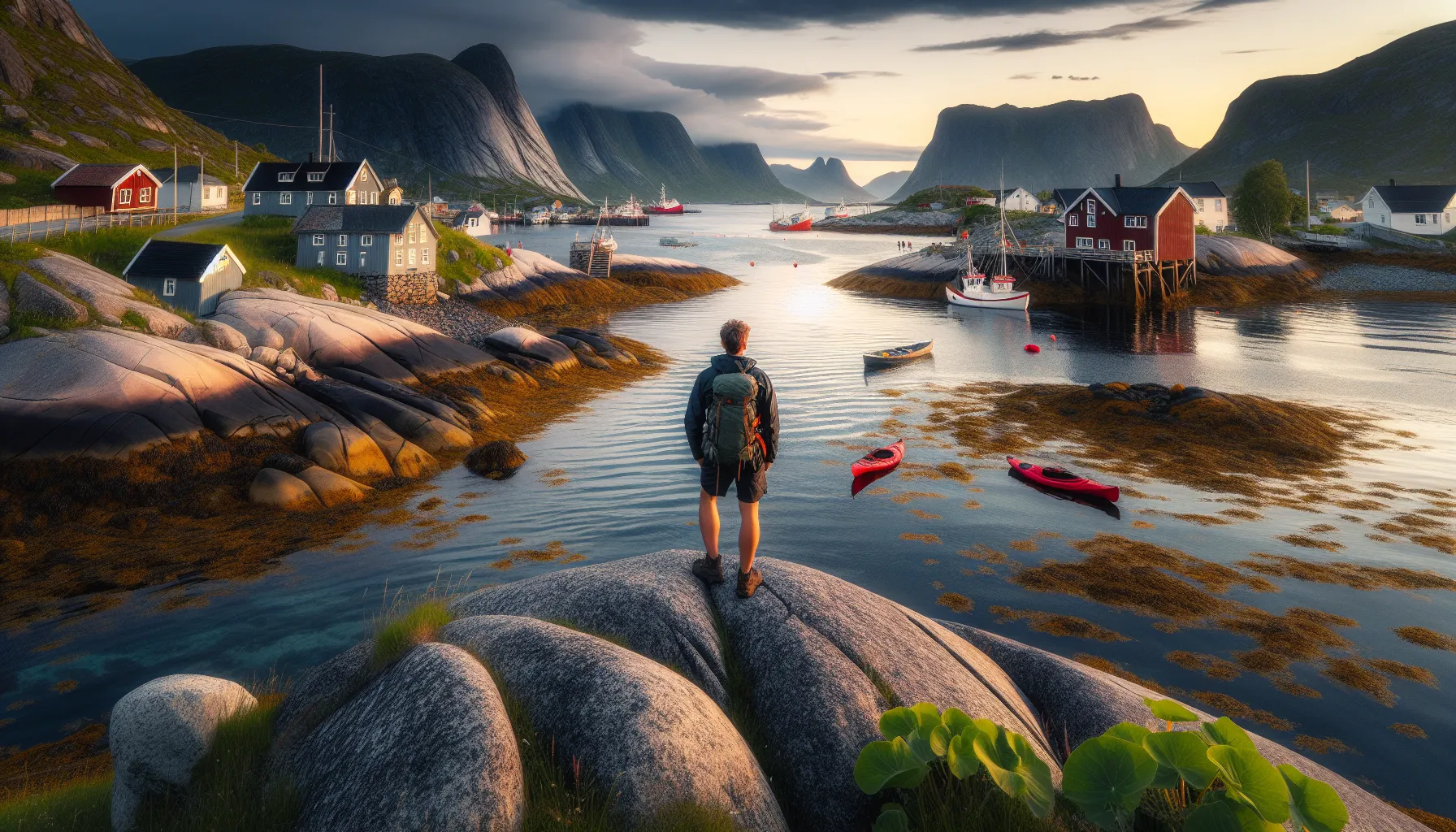 Traveler between norwegian coastal village and sea, reflecting on culture and nature.