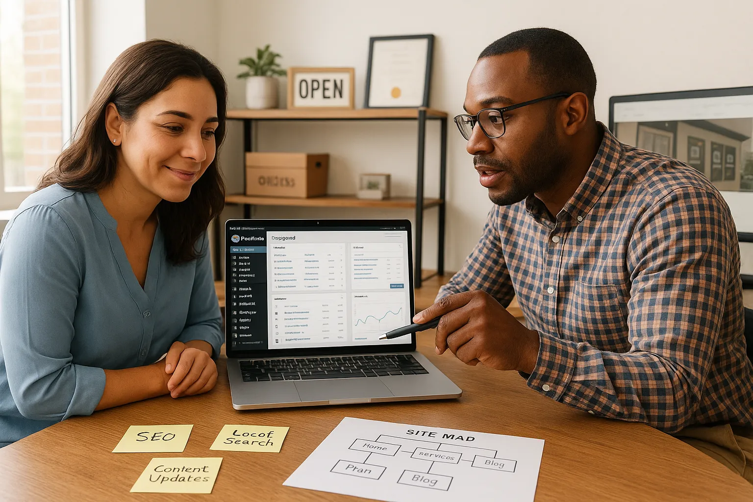 WordPress expert helping a small US business owner review and improve her website.