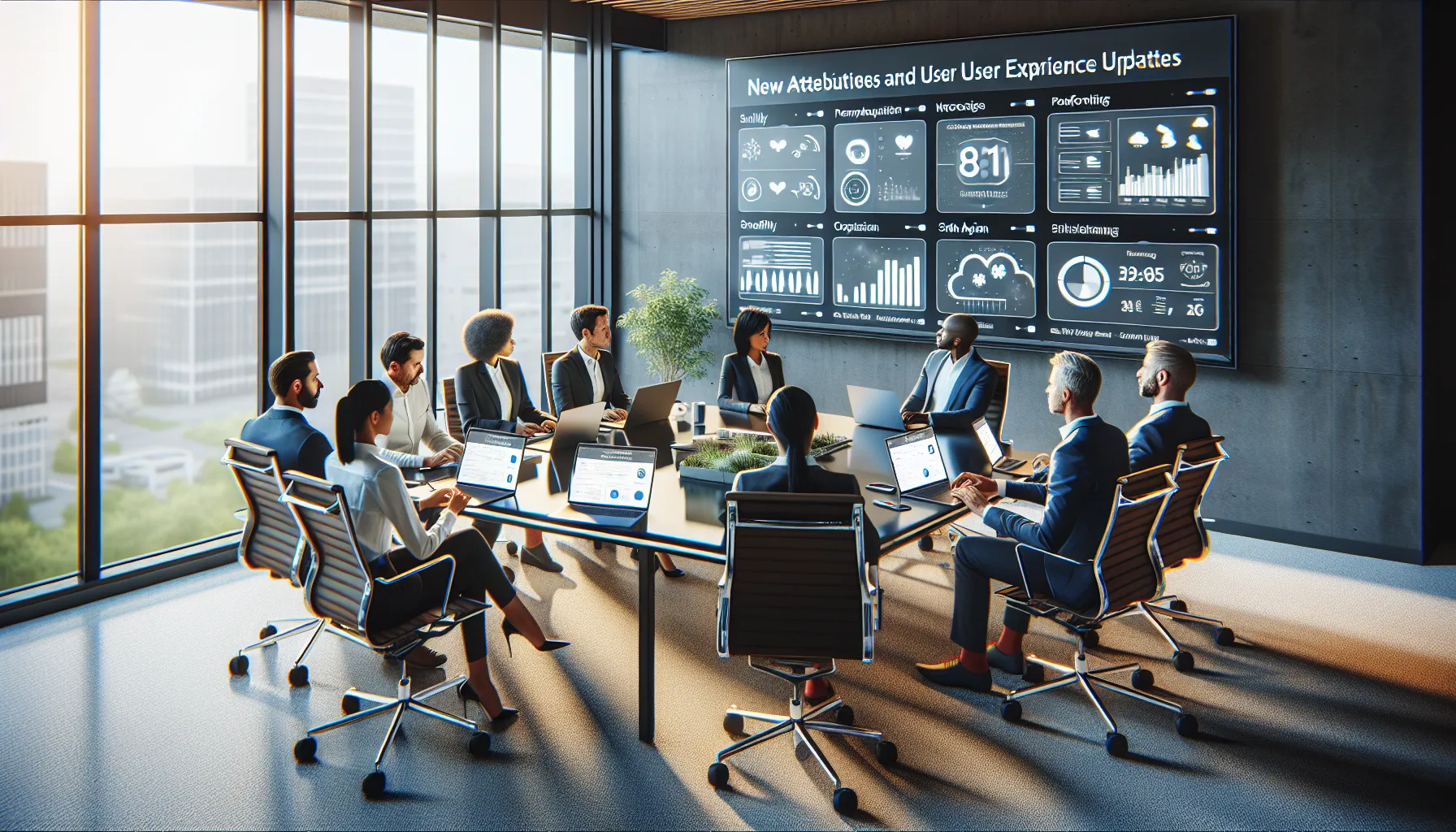diverse team discussing updates in a modern tech office.
