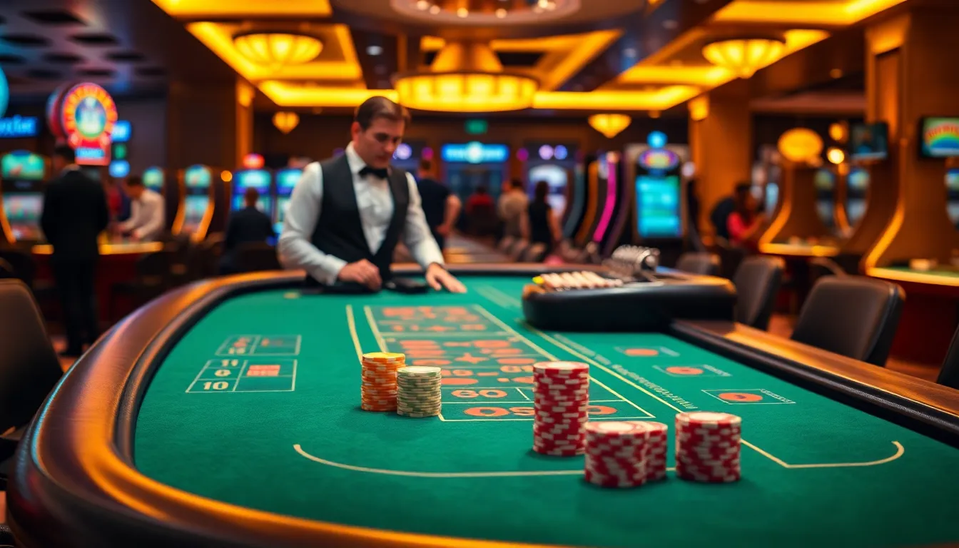 modern casino table with dealer and players engaged in a game.