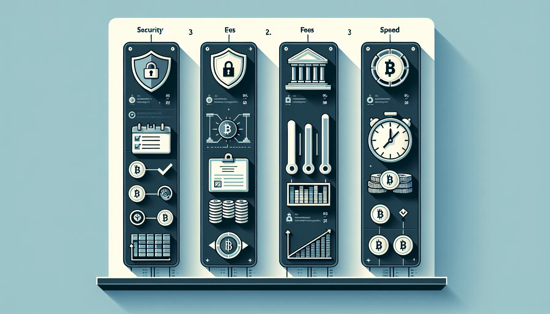 Three-column infographic comparing security, fees, and speed factors for Bitcoin exchanges.